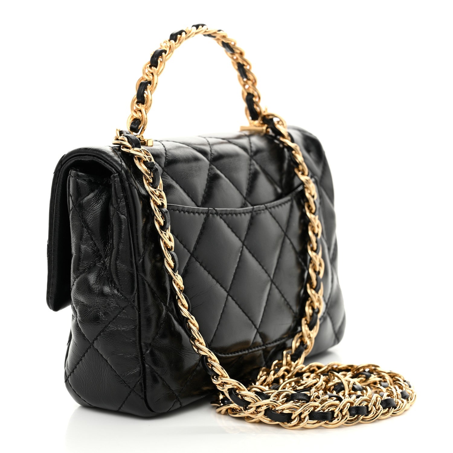 Shiny Lambskin Quilted Golden Links Top Handle Flap Black