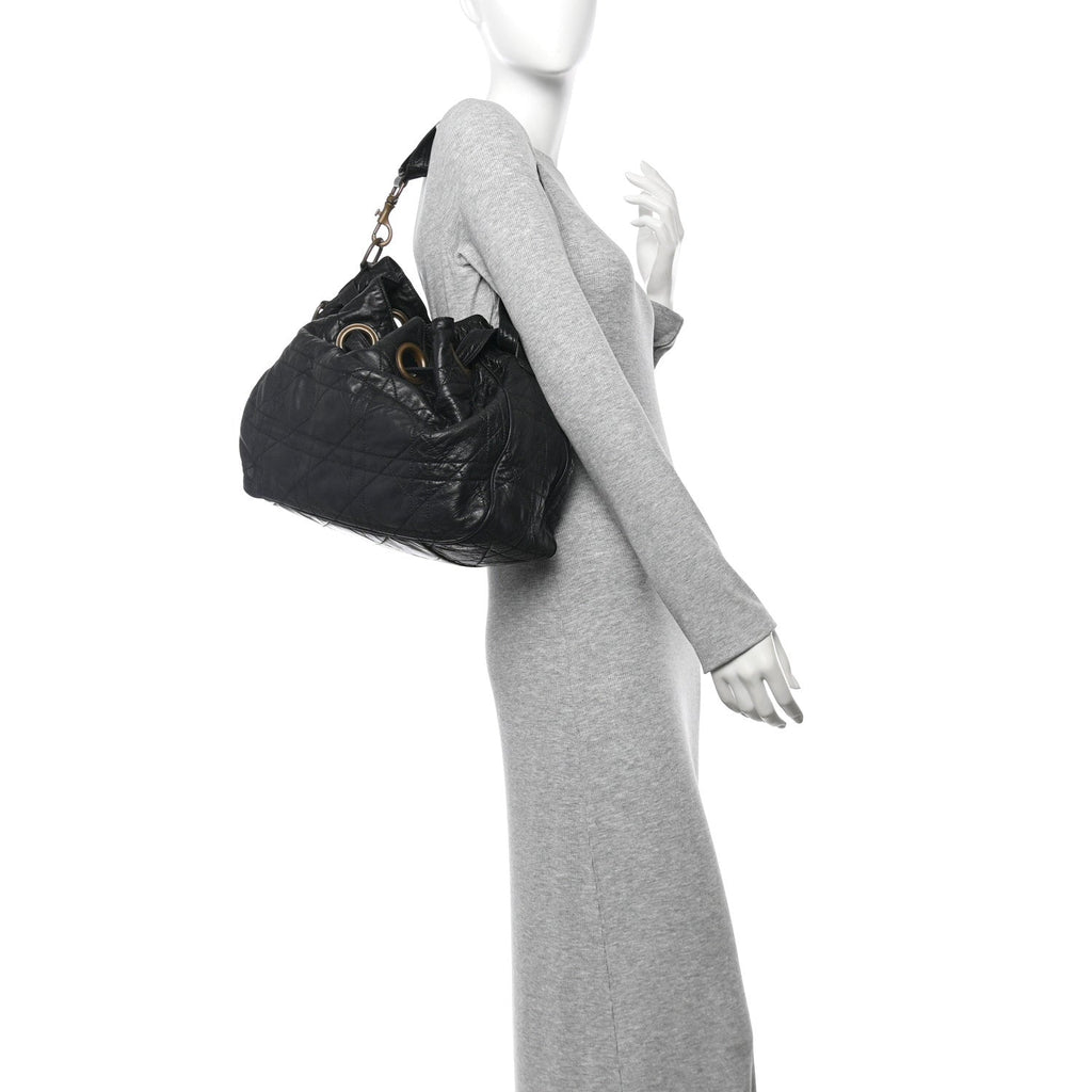 Lambskin Cannage Drawstring Bag Black