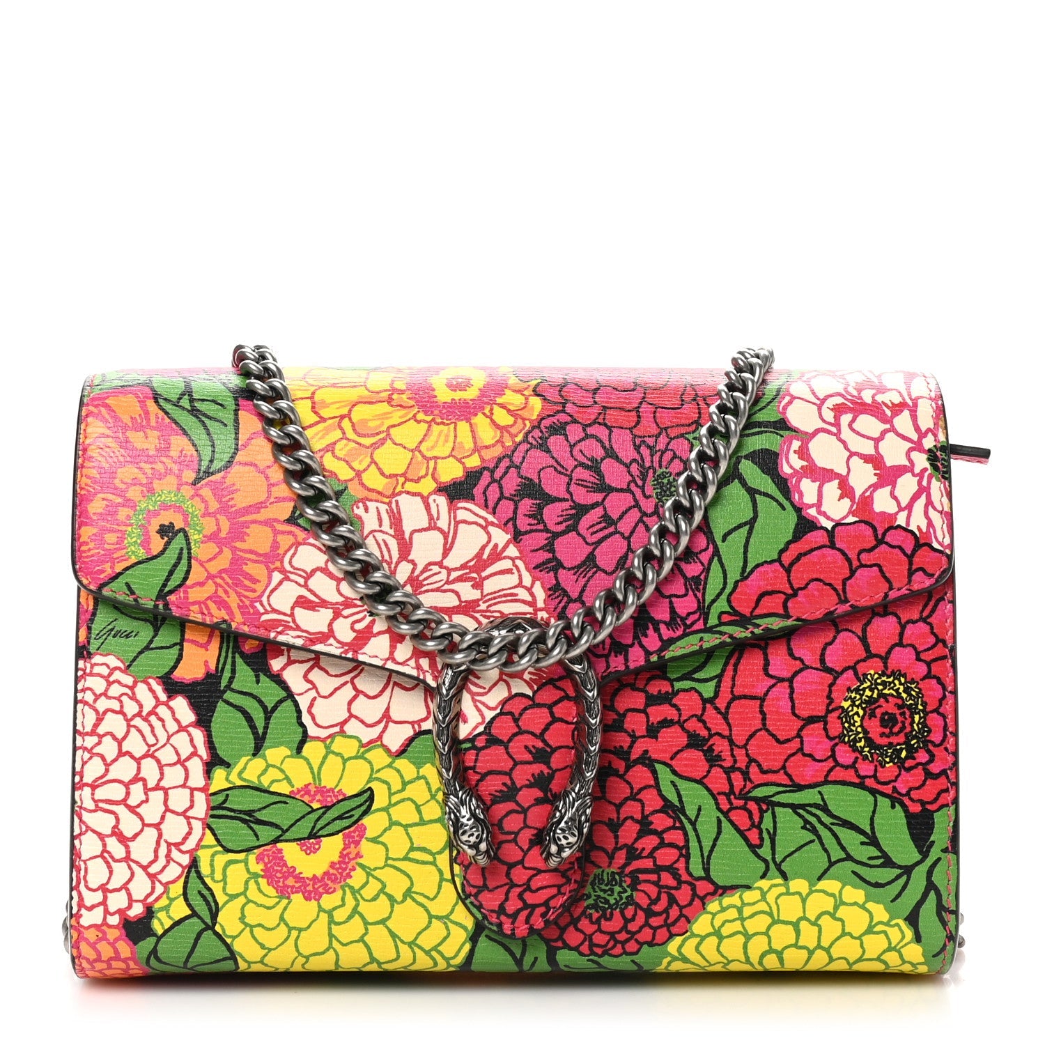 X KEN SCOTT Textured Calfskin Pomponica Print Mini Dionysus Chain Wallet Multicolor Fuxia Pompon
