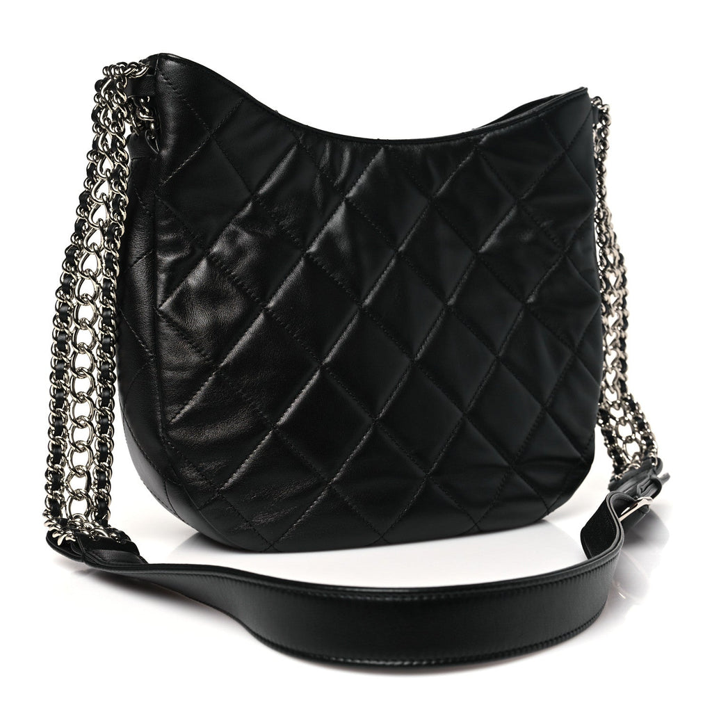 Lambskin Chain Rows Quilted Chain Hobo Black