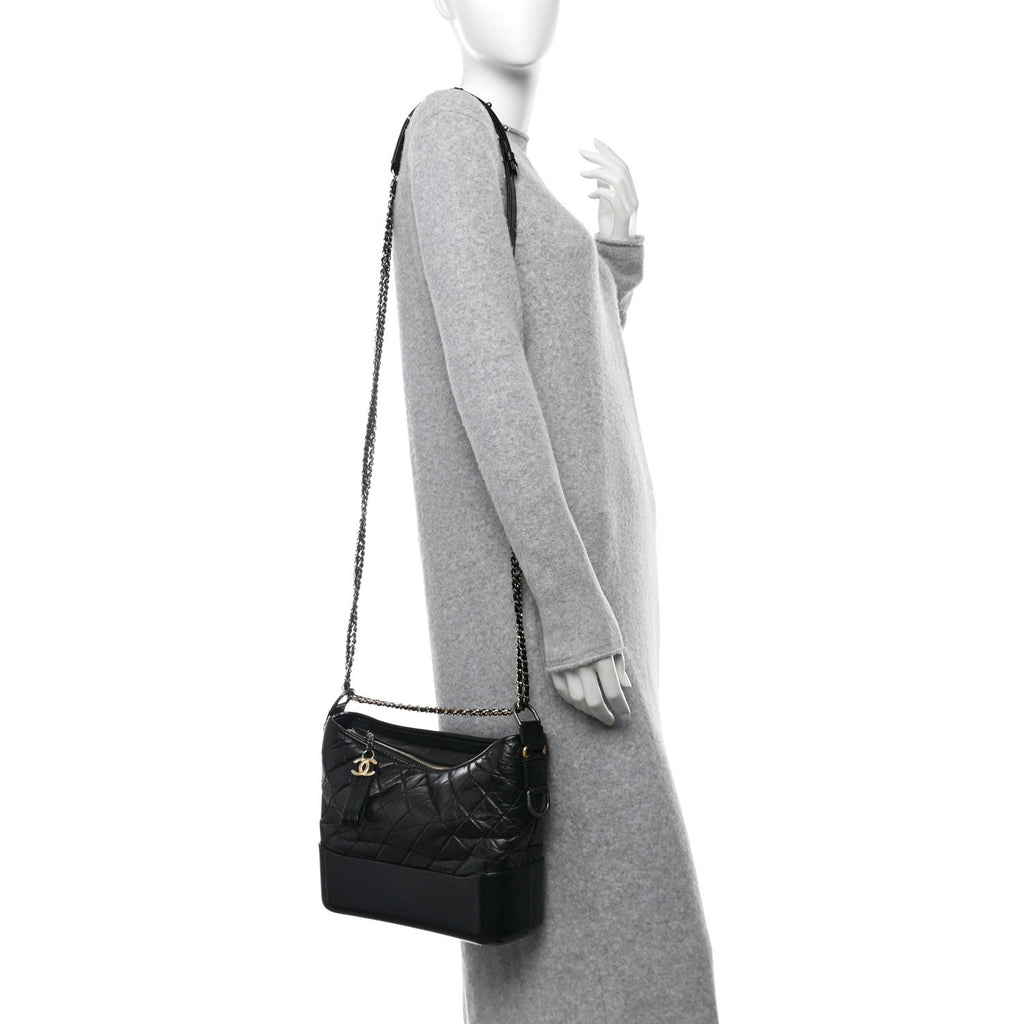 Aged Calfskin Quilted Medium Gabrielle Hobo Black