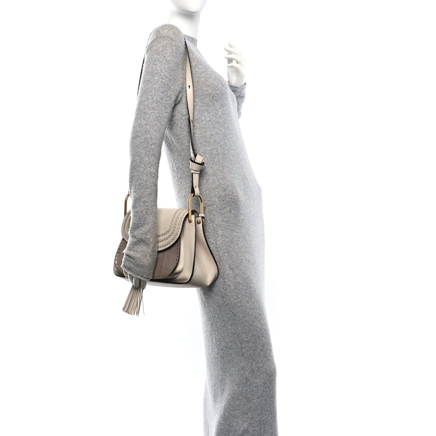 Calfskin Snakeskin Braided Medium Hudson Double Carry Shoulder Bag Beige