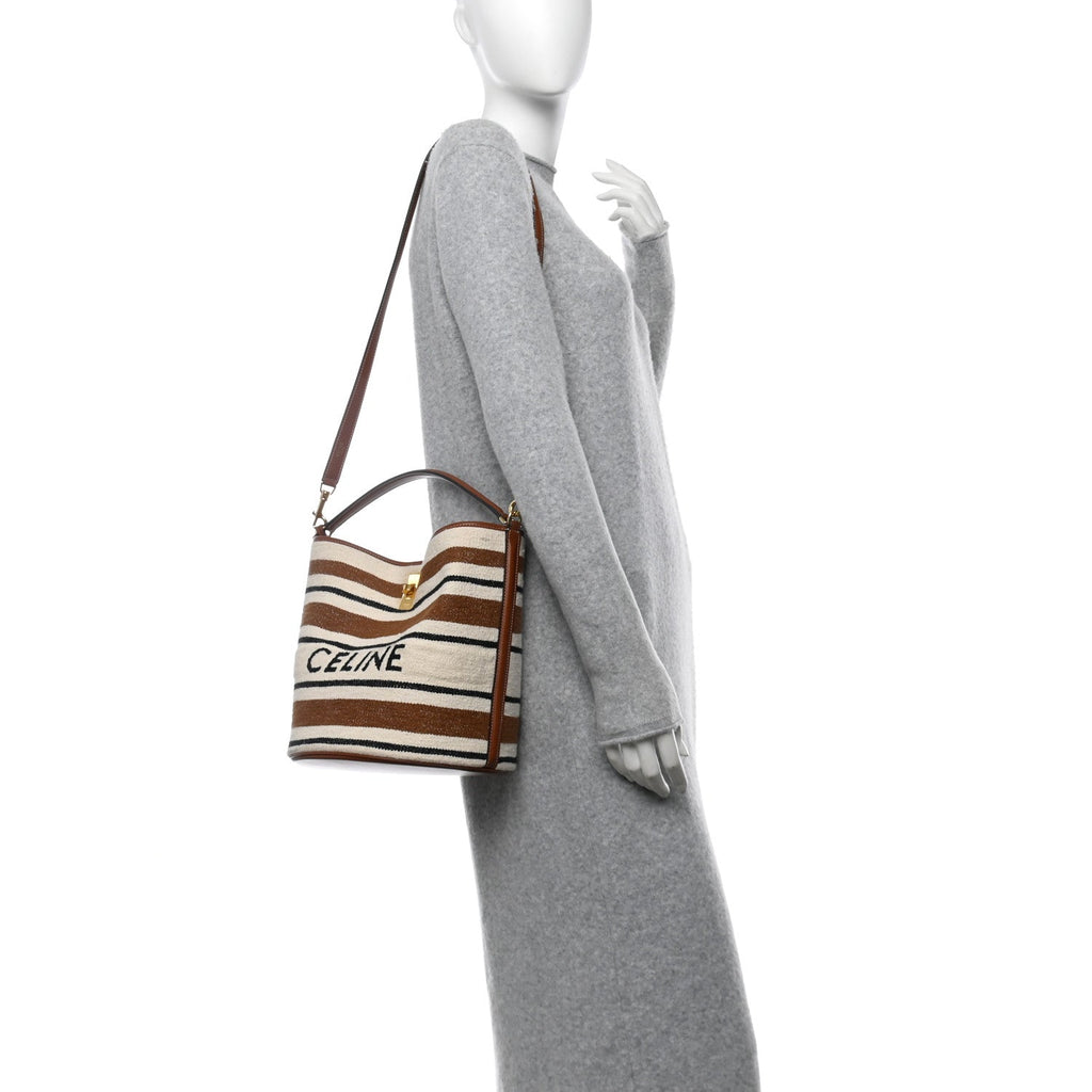 Canvas Smooth Calfskin Logo Bucket 16 Bag Brown Off White Tan