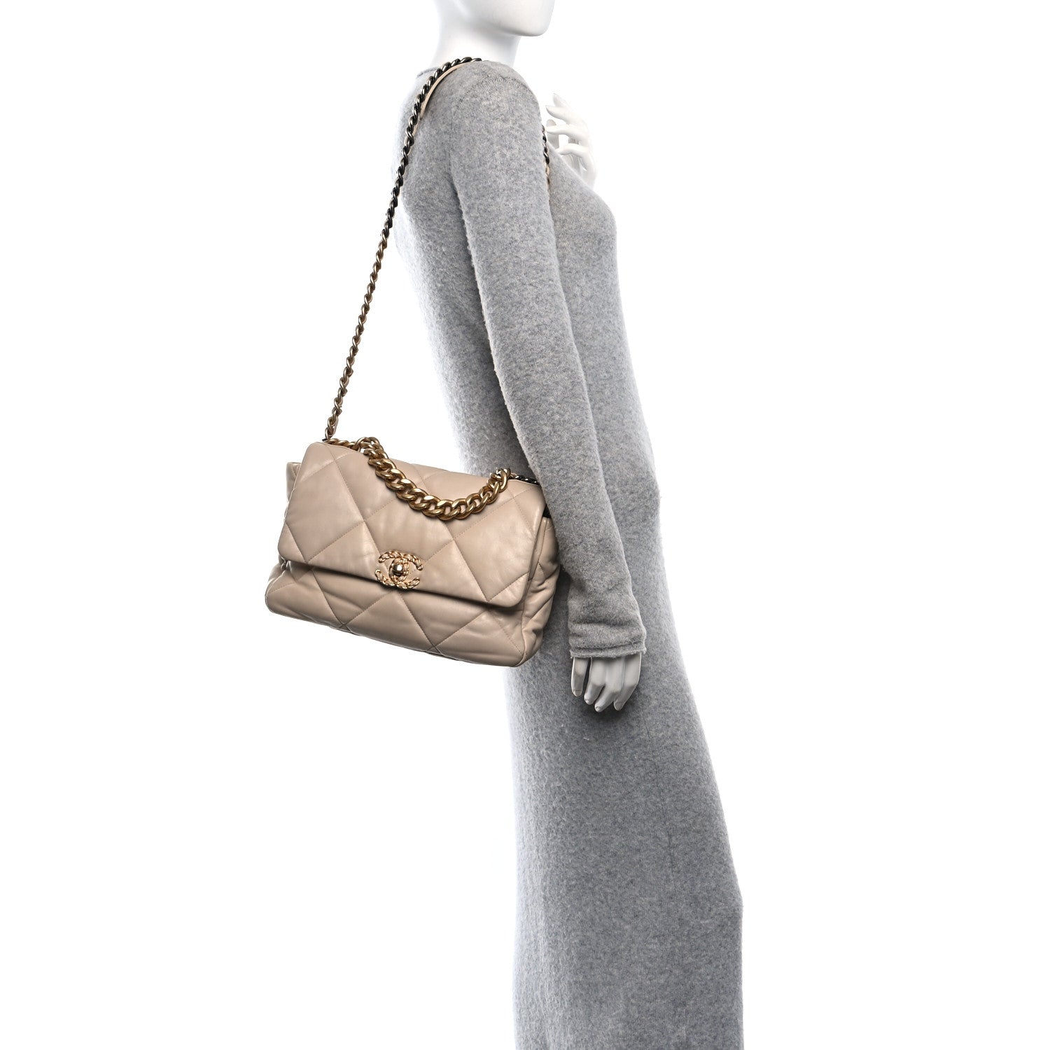 Lambskin Quilted Large Chanel 19 Flap Beige