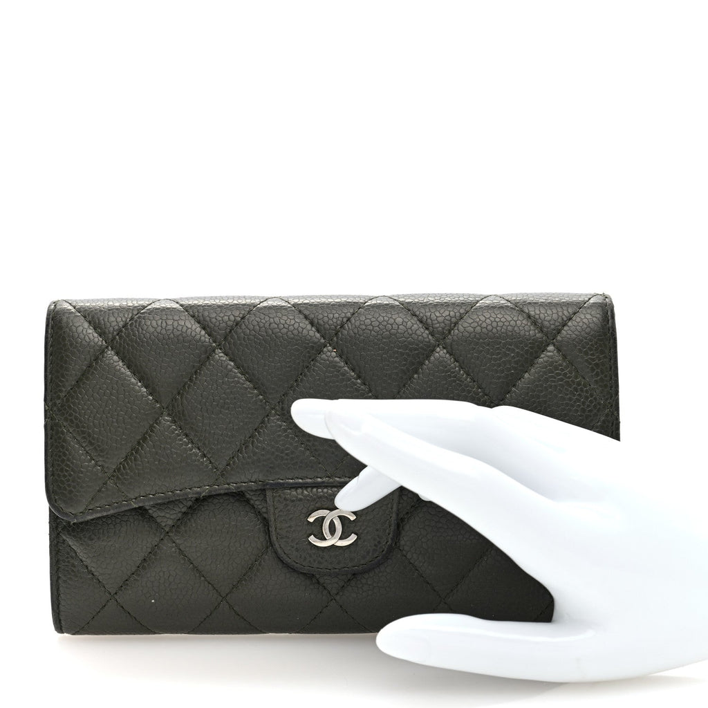 Caviar Quilted Large Flap Wallet Dark Green