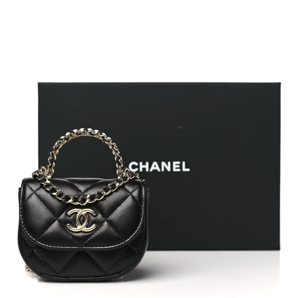 Lambskin Quilted Pearl Top Handle Clutch With Chain Black
