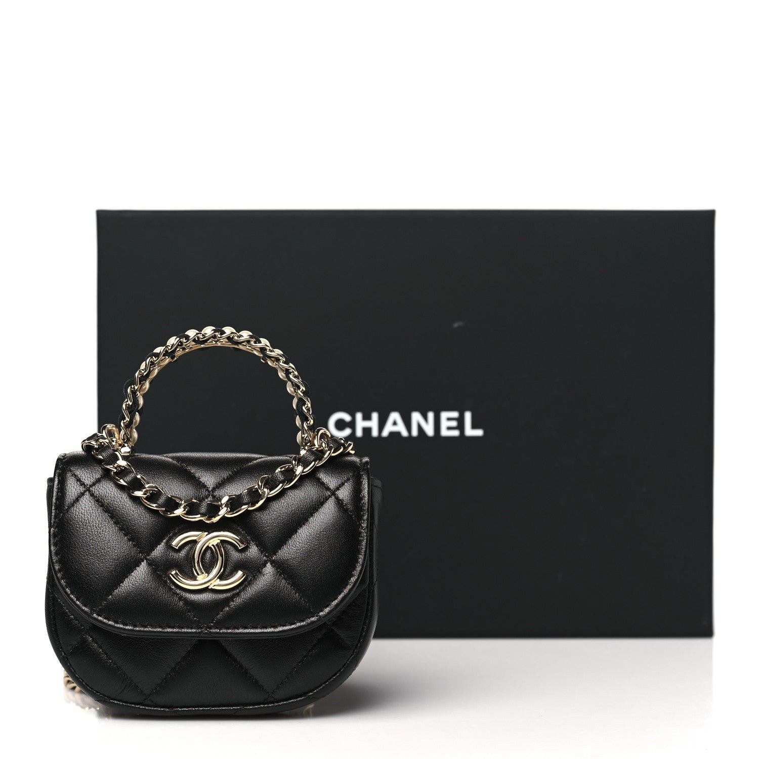 Lambskin Quilted Pearl Top Handle Clutch With Chain Black