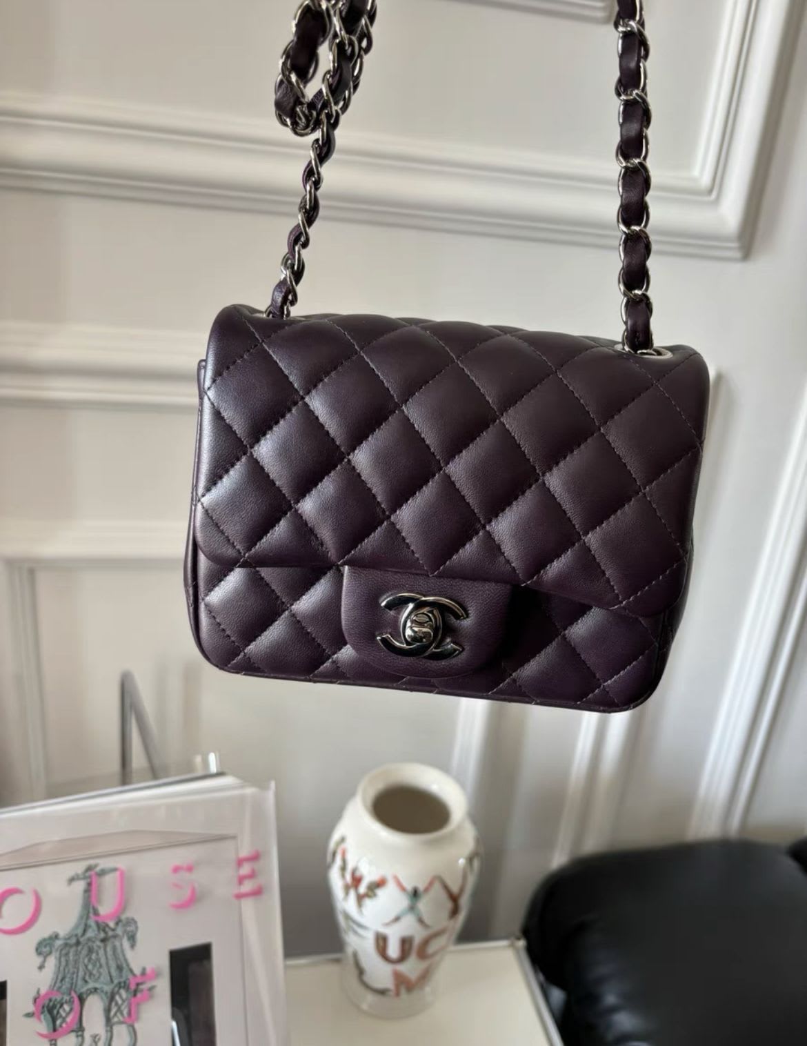 CHANEL Mini Square Flap Lambskin Quilted Dark Purple