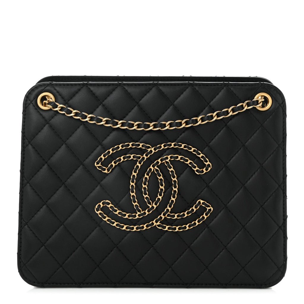 Calfskin Quilted CC Chain Accordion Tote Black
