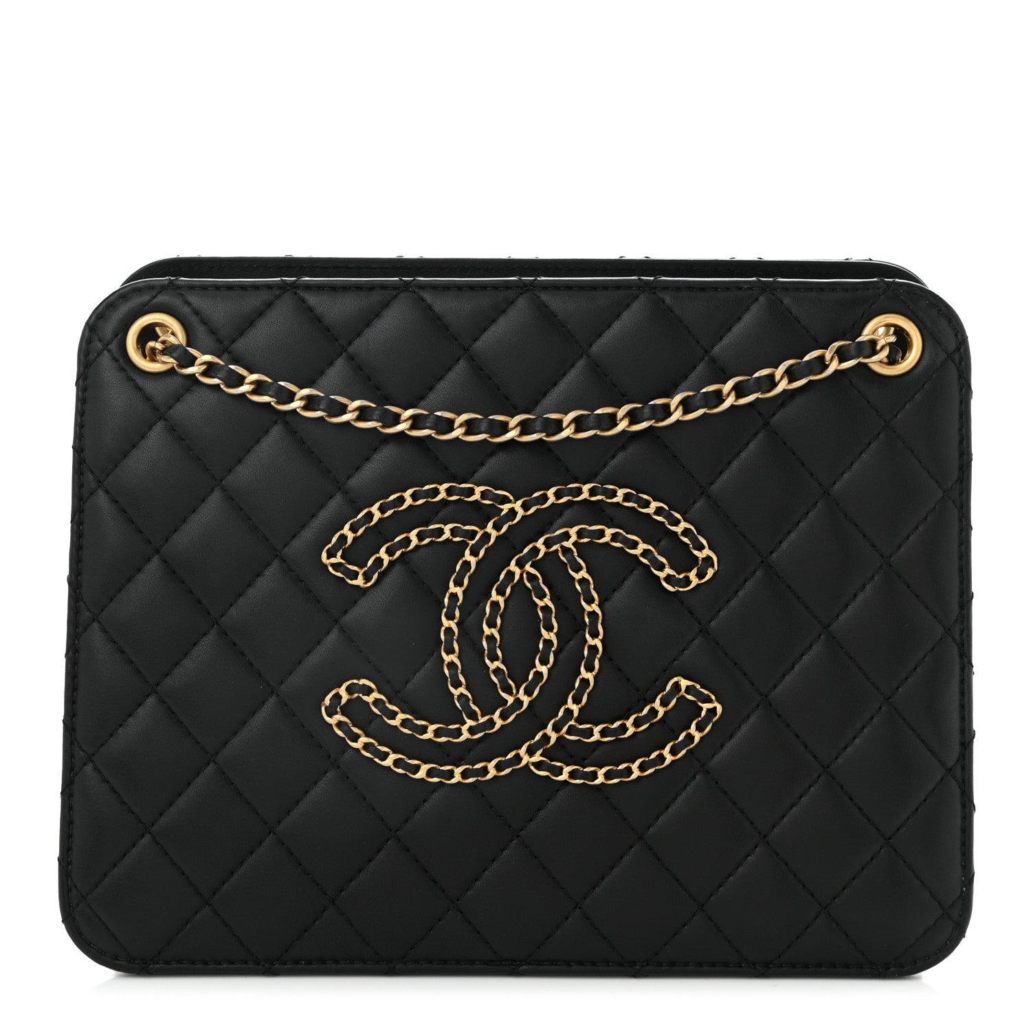 Calfskin Quilted CC Chain Accordion Tote Black