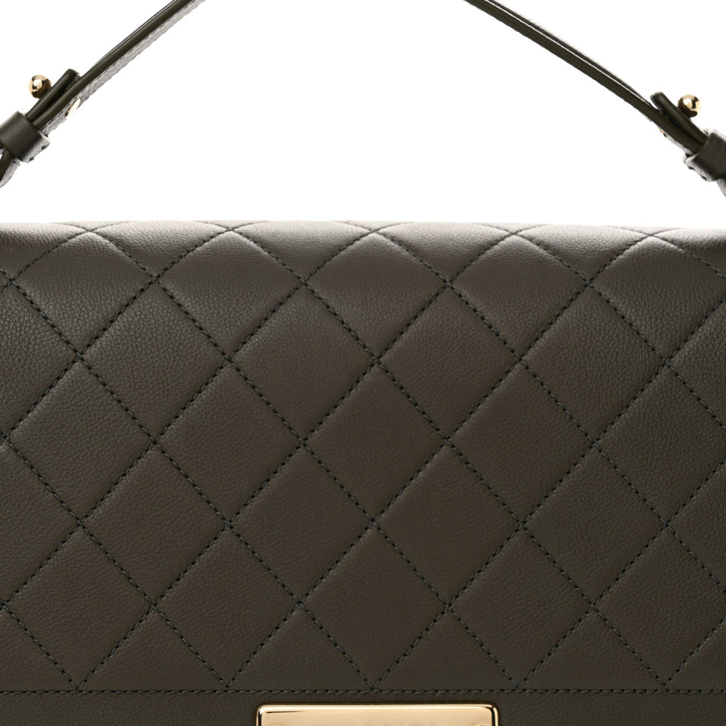 Grained Calfskin Quilted Large Label  Flap Bag Khaki