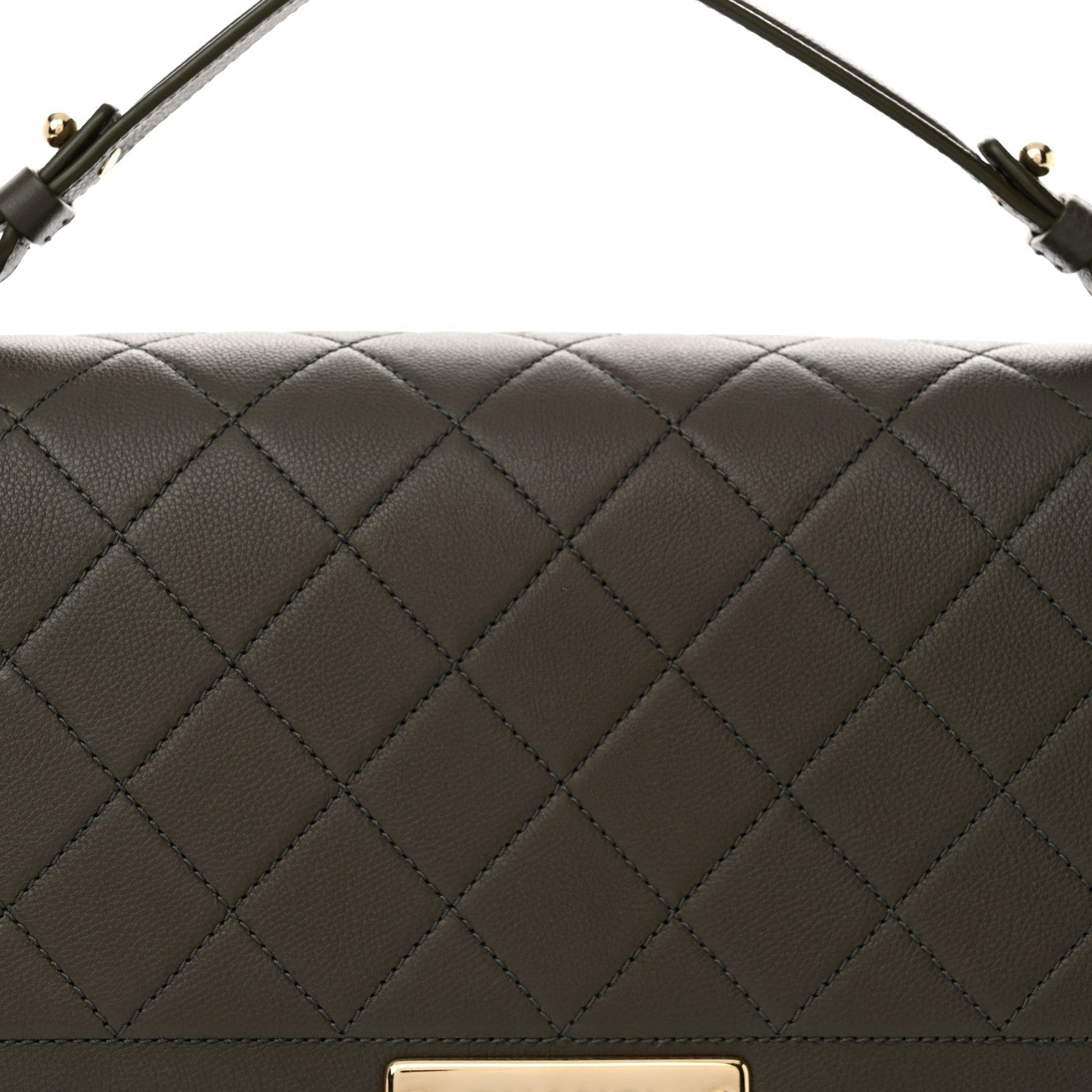 Grained Calfskin Quilted Large Label  Flap Bag Khaki