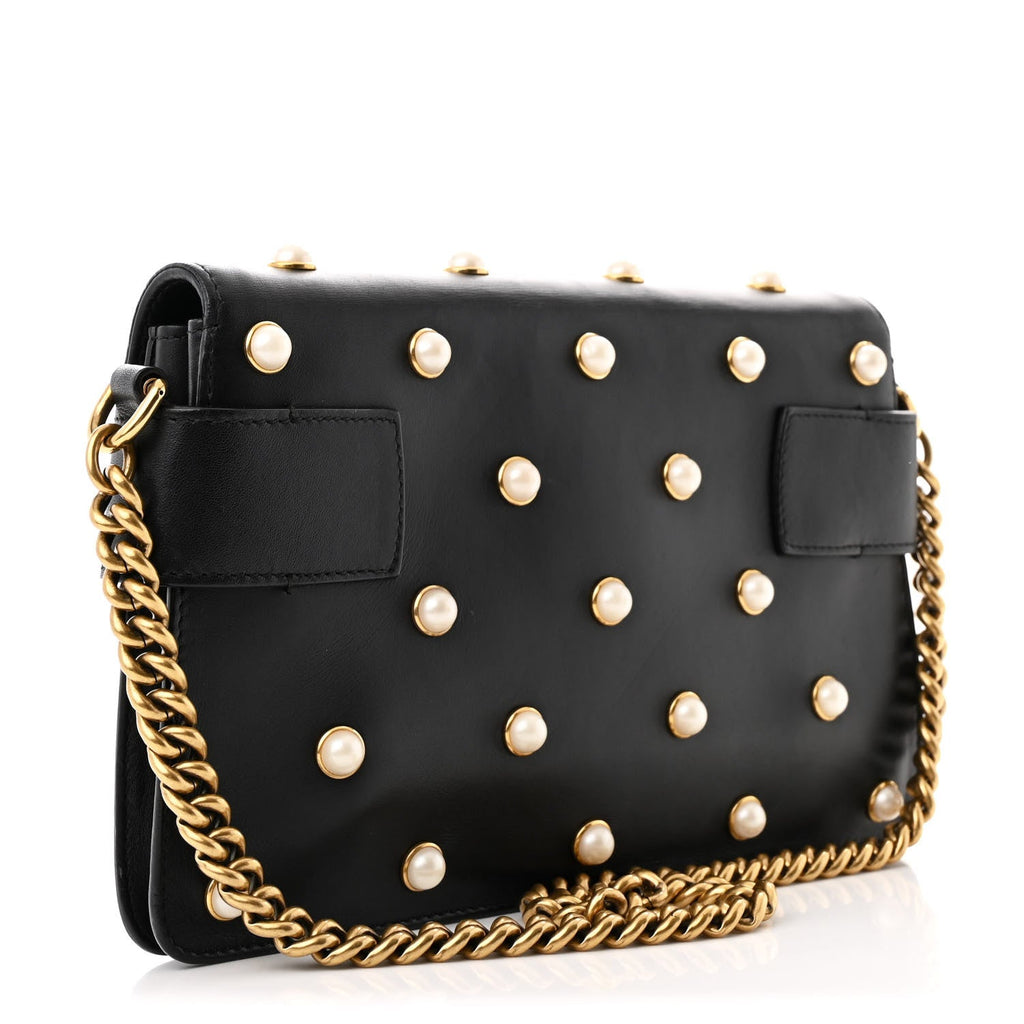 Nappa Pearl Studded Mini Queen Margaret Broadway Shoulder Bag Black