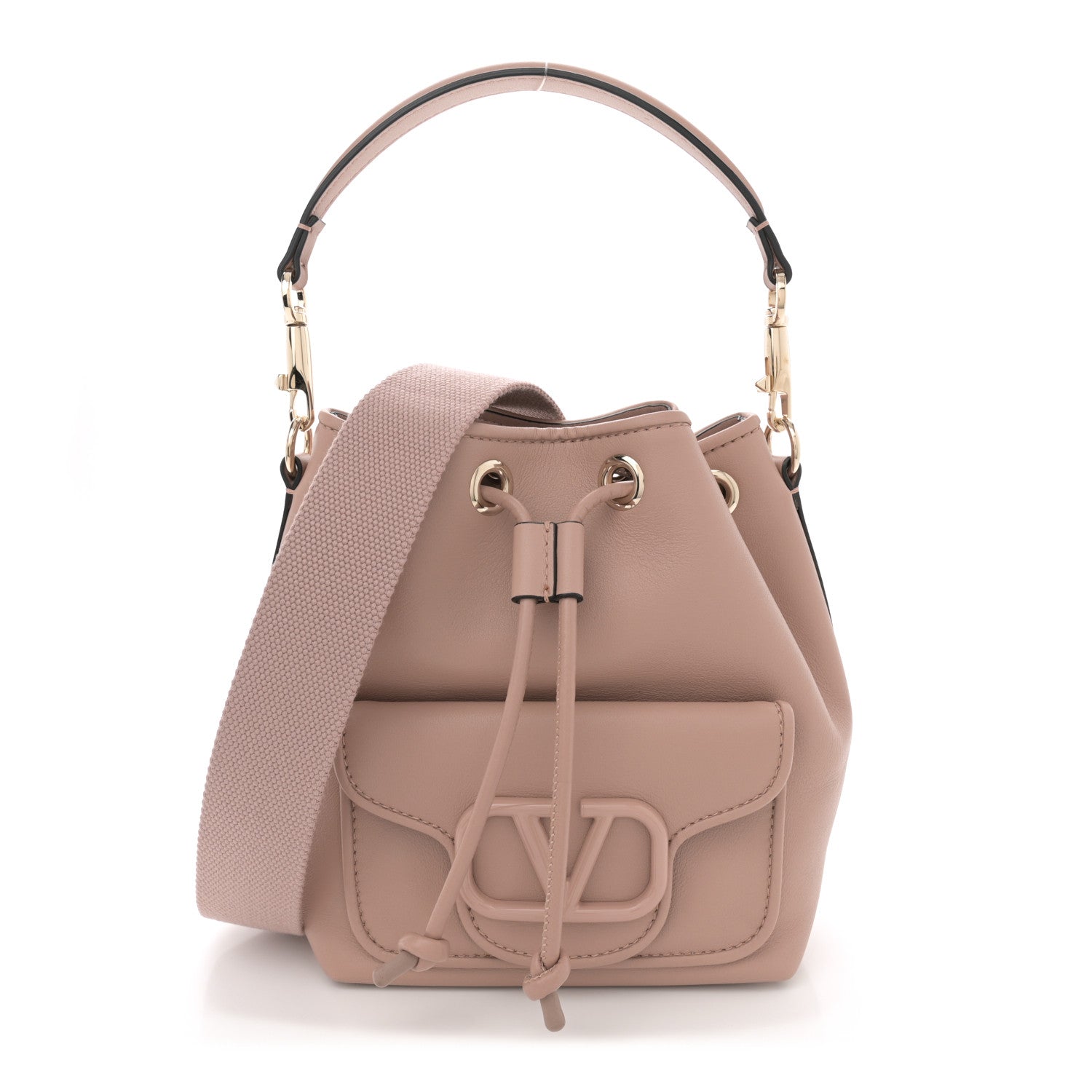 Calfskin Vlogo Small Loco Drawstring Bucket Bag Rose Cannelle