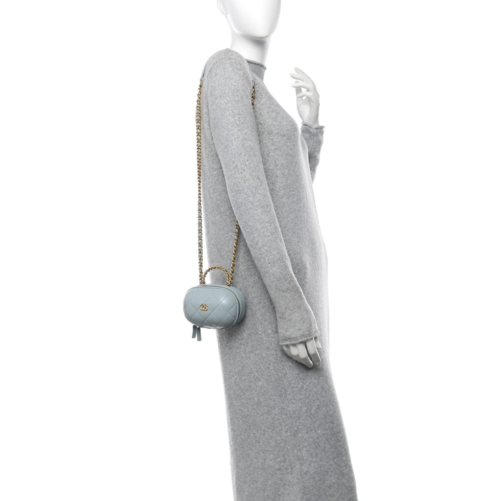 Lambskin Quilted CC Bubble Vanity Case With Chain Light Blue