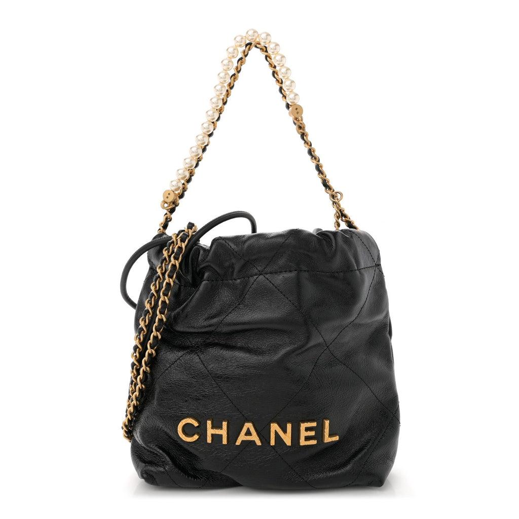 Shiny Crumpled Calfskin Quilted Pearl Mini Chanel 22 Black