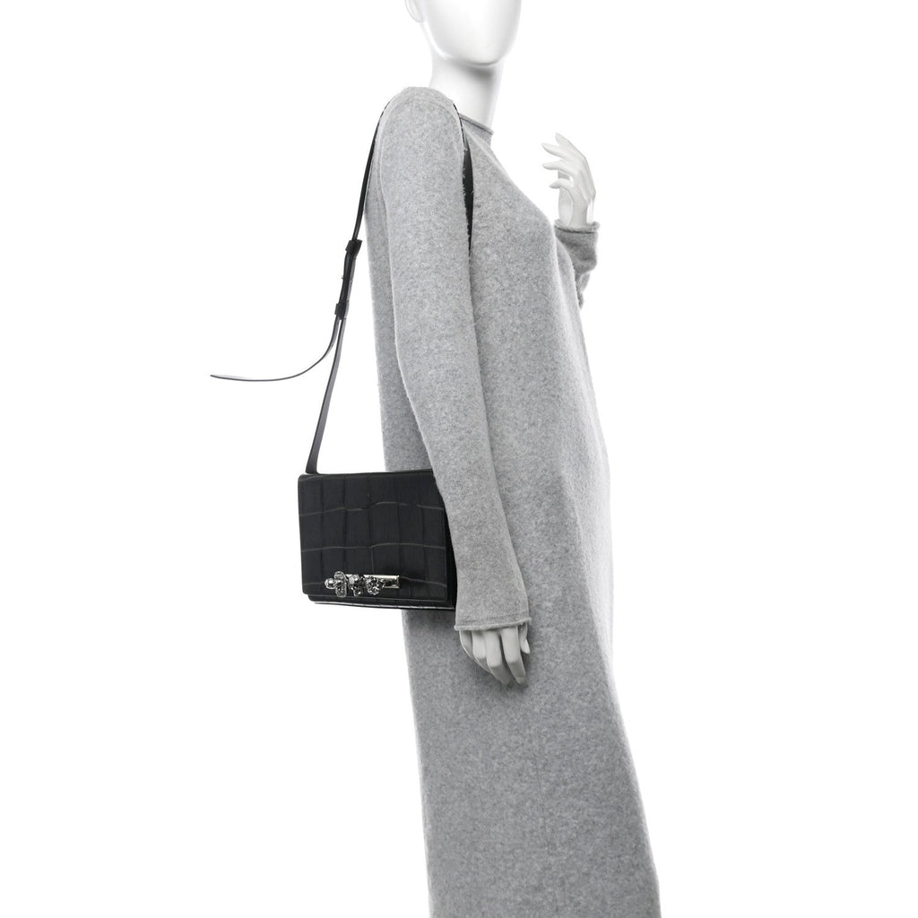 Crocodile Embossed Calfskin Four Ring Knuckle Crossbody Bag Black