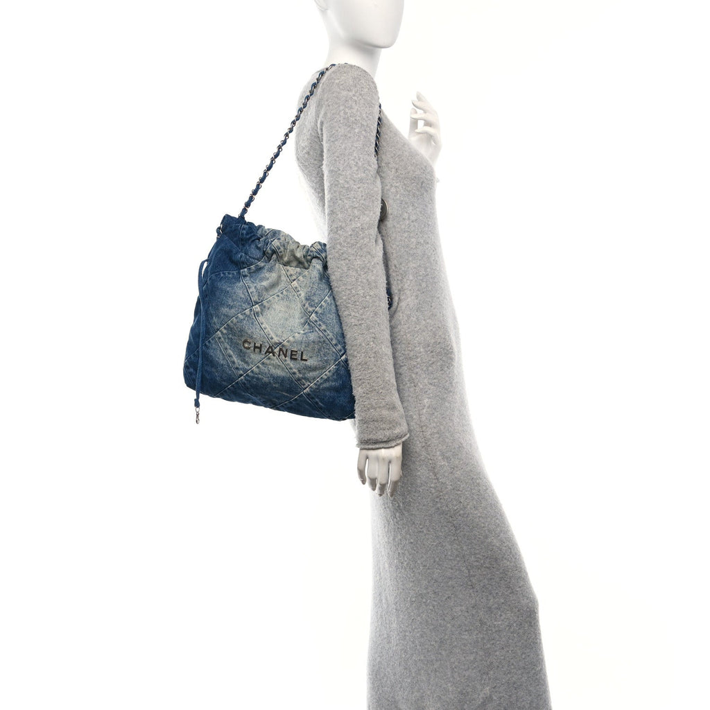 Denim Quilted Small Chanel 22 Blue