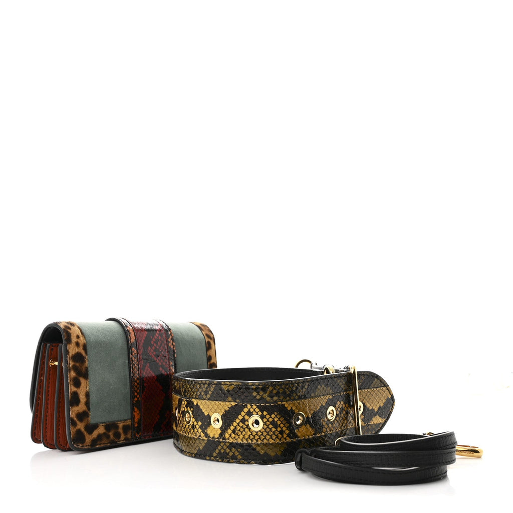 Calfskin Suede Watersnake Print Pony Hair Small Madison Buckle Bag Tan Multicolor