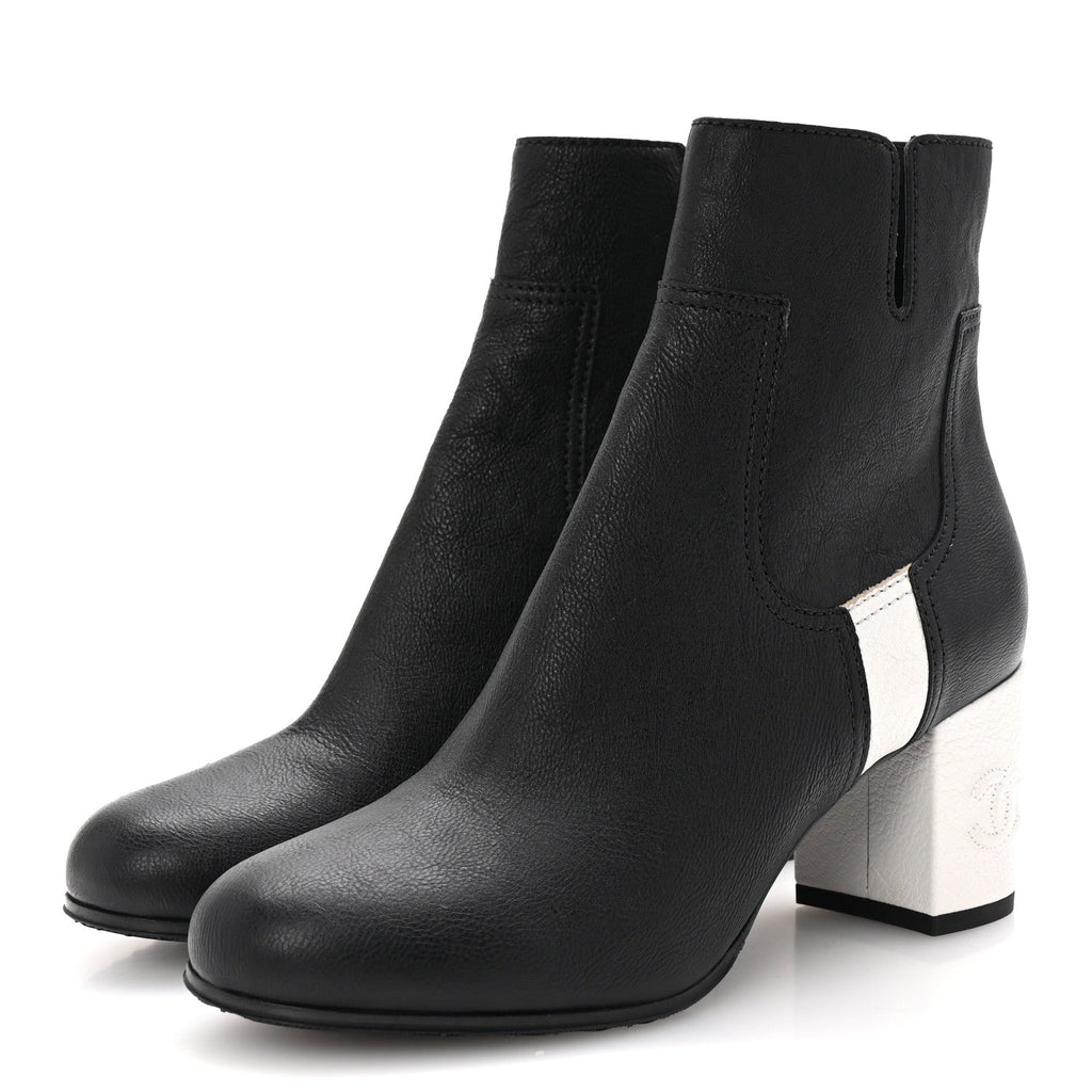 Goatskin Calfskin CC Short Boots 38.5 Black White