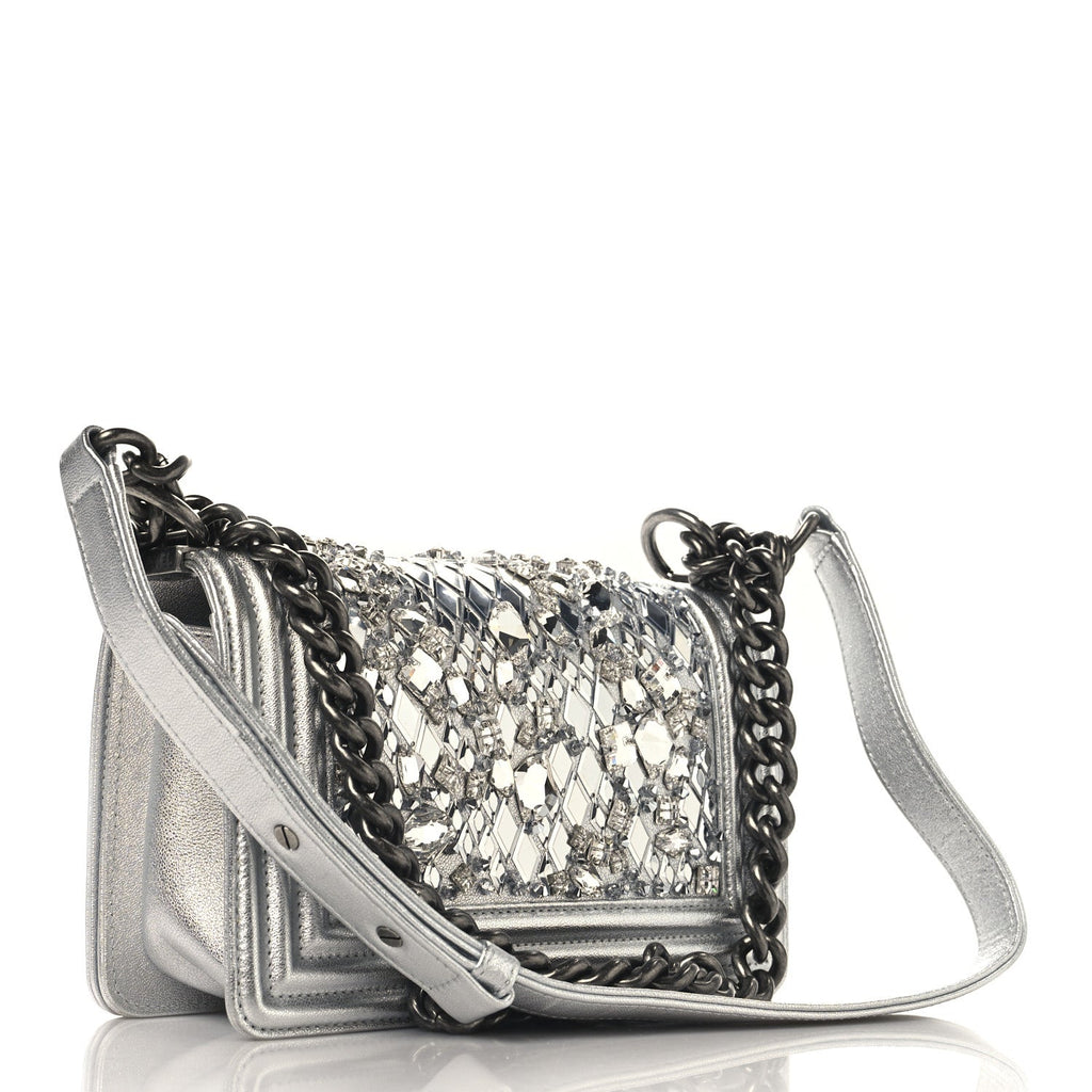 Metallic Calfskin Crystal Embroidered Small Boy Flap Silver