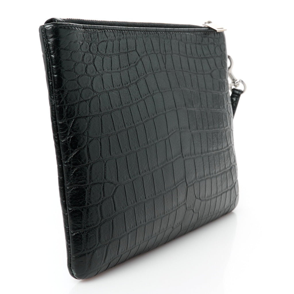 Calfskin Crocodile Embossed Monogram Zip Pouch Black