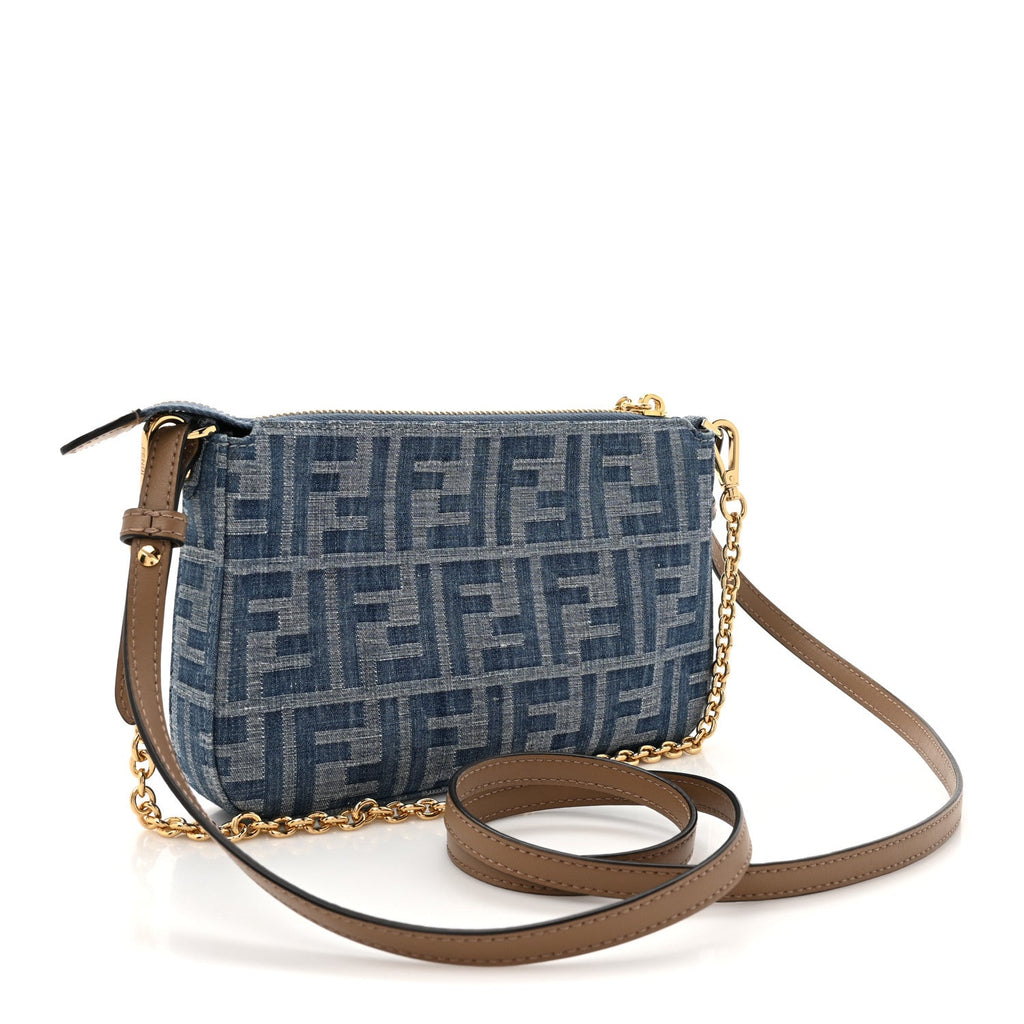 Denim Vitello King F is Fendi FF Embroidered Baguette Pouch Denim Sand
