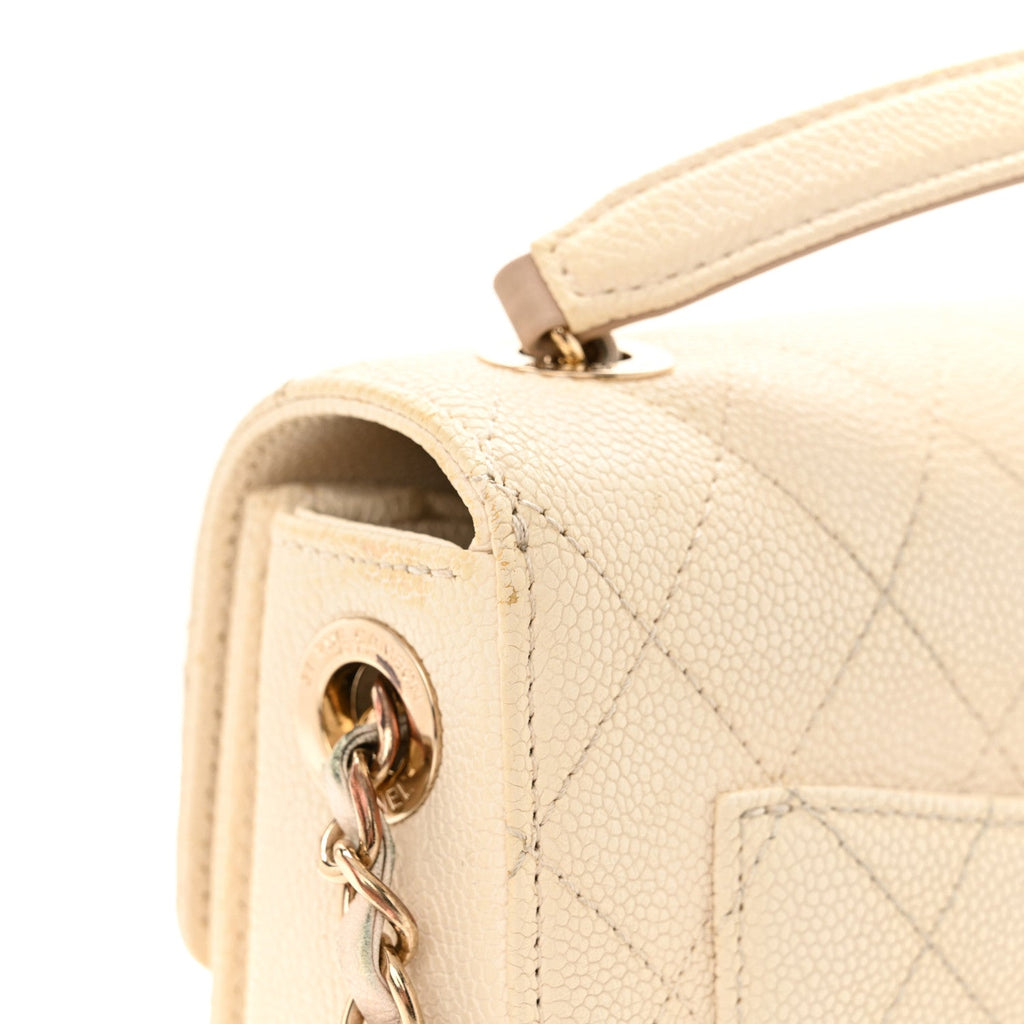 Grained Calfskin Quilted Small Cuba Top Handle Flap White