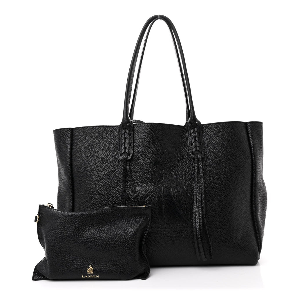 Grained Calfskin Logo Small Fringe Shopper Tote Black