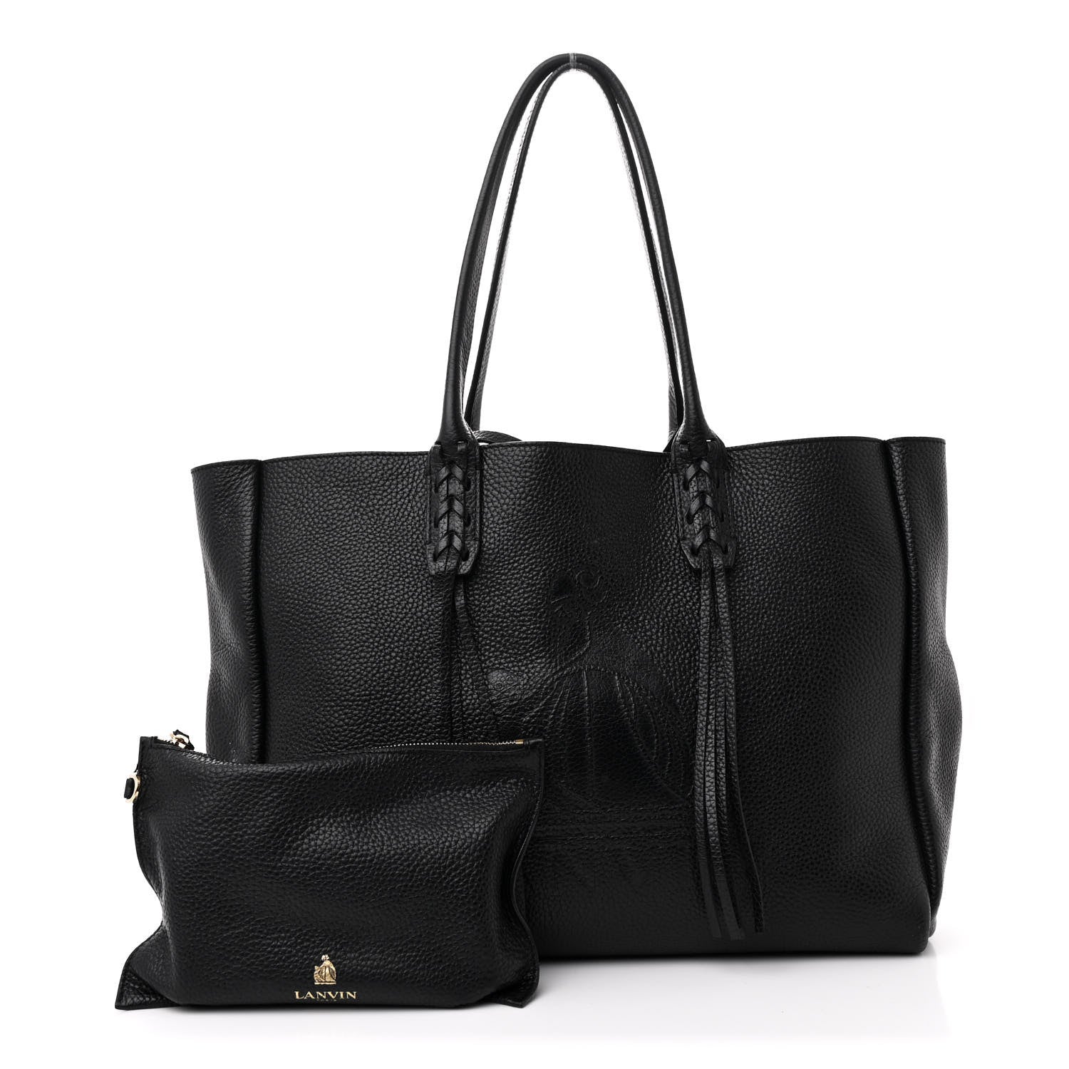 Grained Calfskin Logo Small Fringe Shopper Tote Black