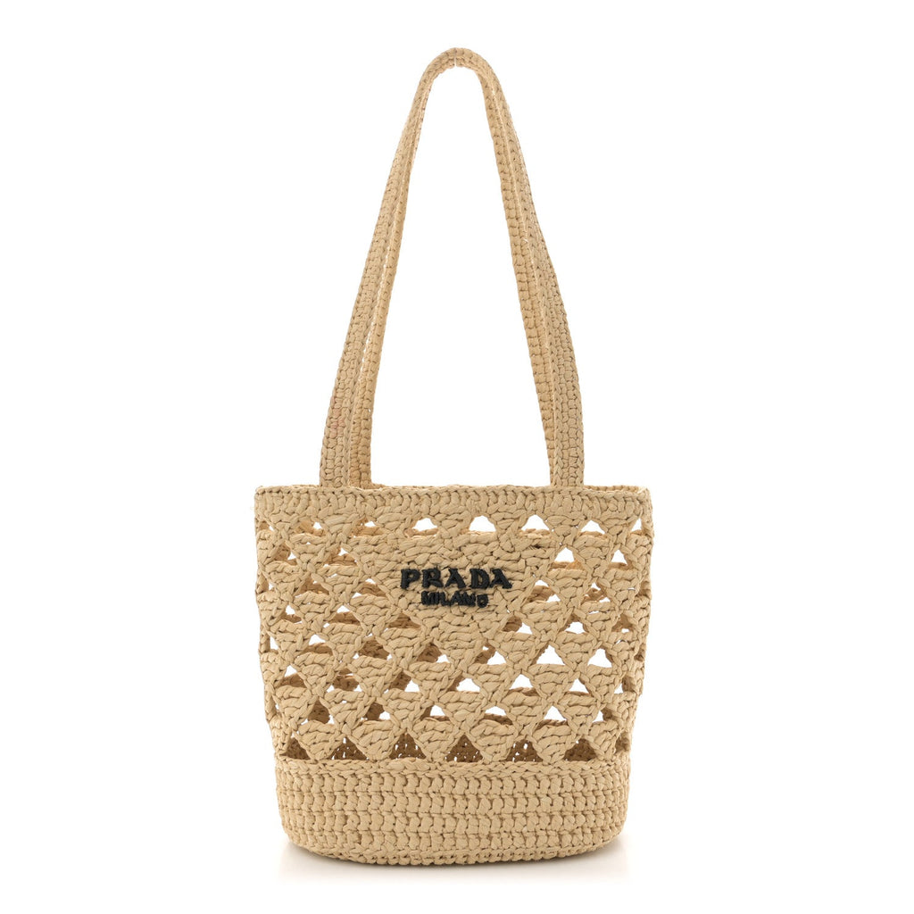 Yarn Raffia Effect Crochet Embroidered Mini  Logo Tote Naturale