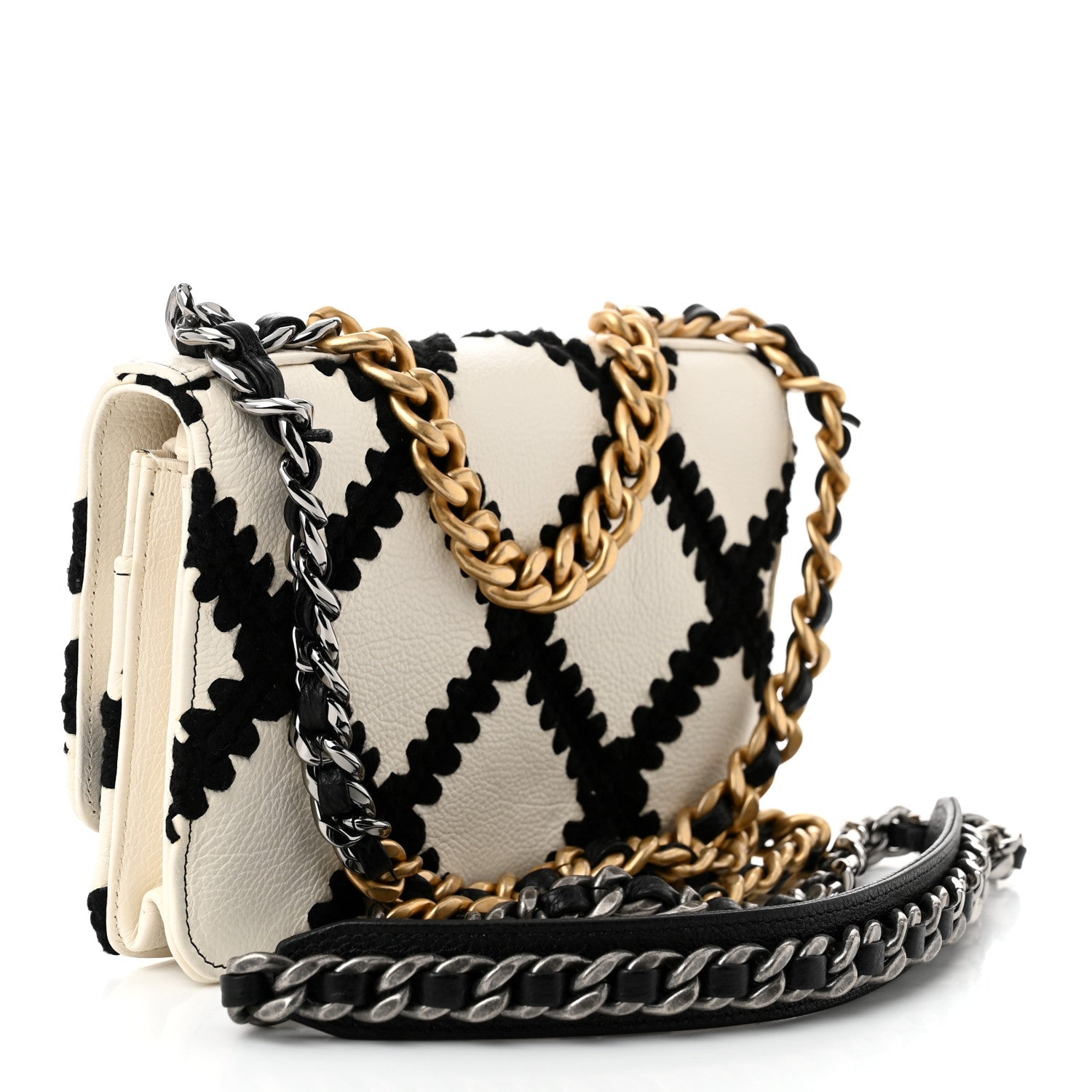 Calfskin Crochet Chanel 19 Wallet On Chain WOC White Black