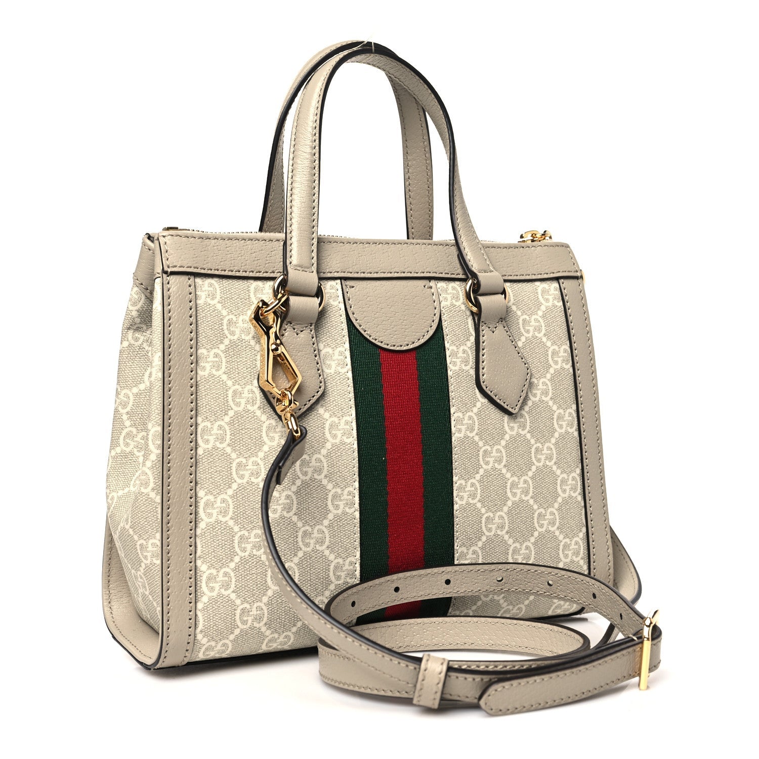 GG Supreme Monogram Textured Dollar Calfskin Web Small Ophidia Tote Bag Beige Mystic White Oatmeal