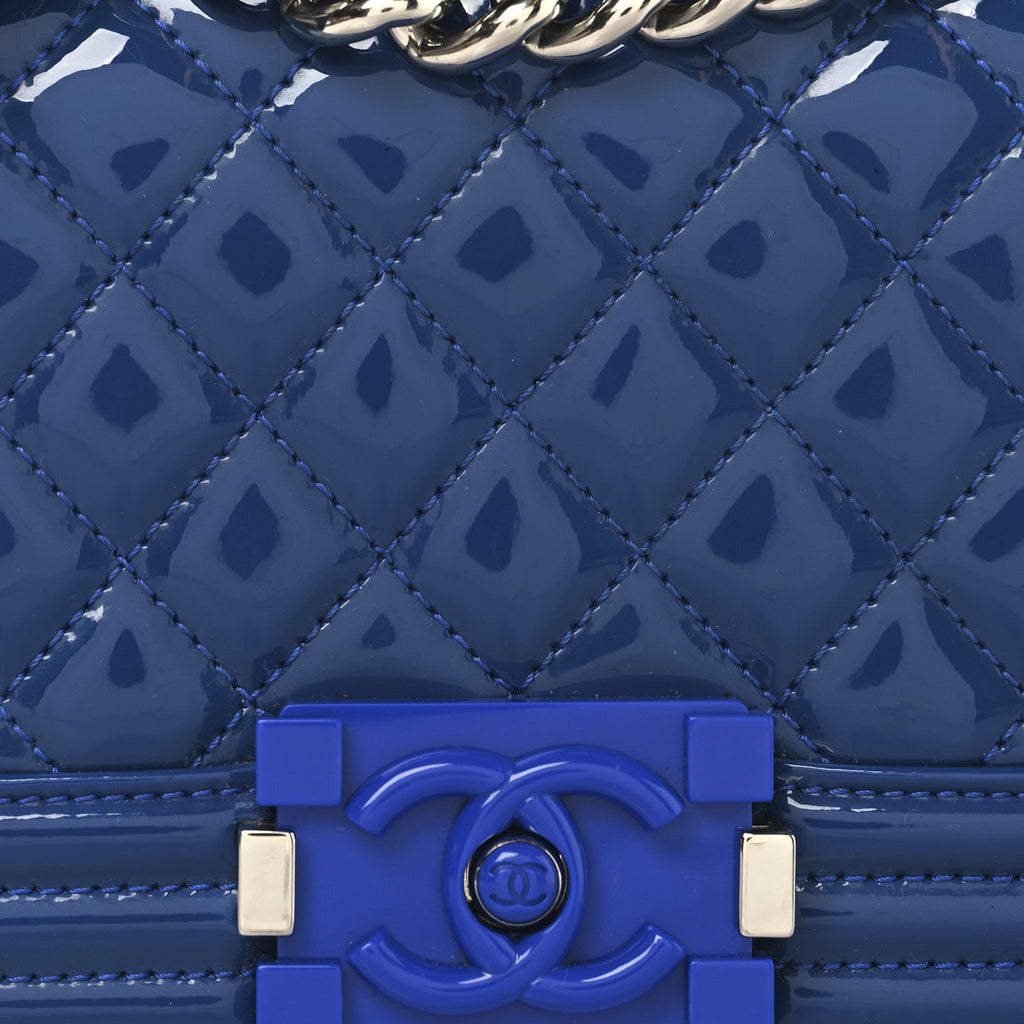 Patent Calfskin Quilted Small Plexiglass Boy Flap Blue