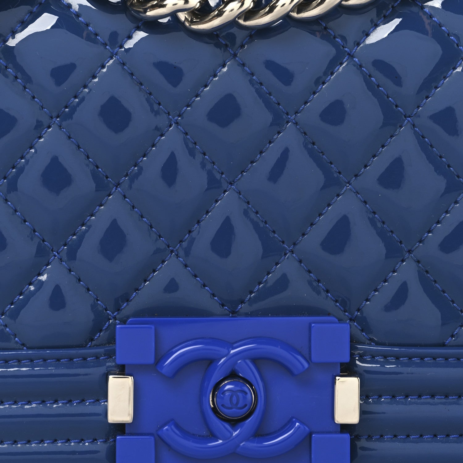 Patent Calfskin Quilted Small Plexiglass Boy Flap Blue