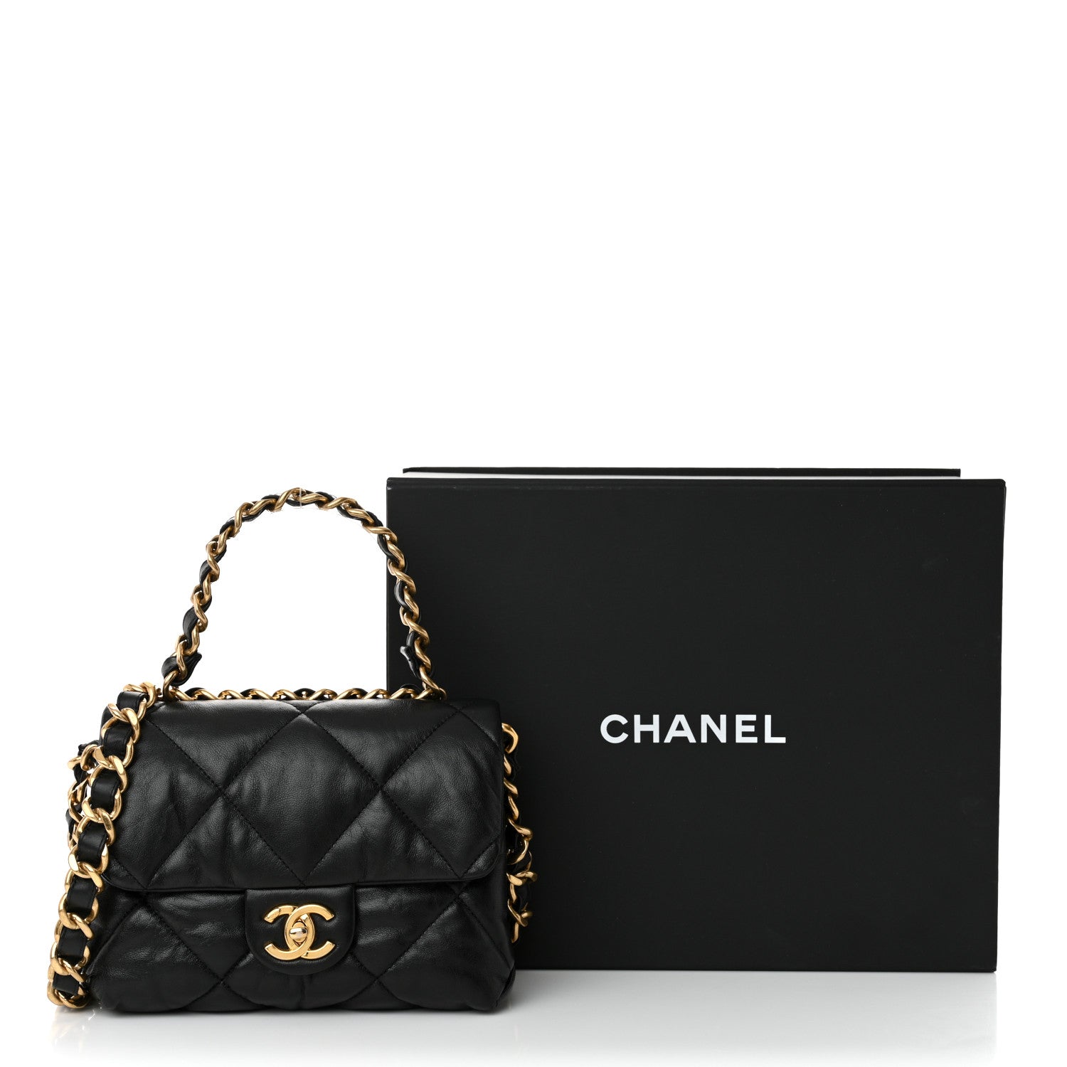 Lambskin Quilted Small Chain Top Handle Flap Black
