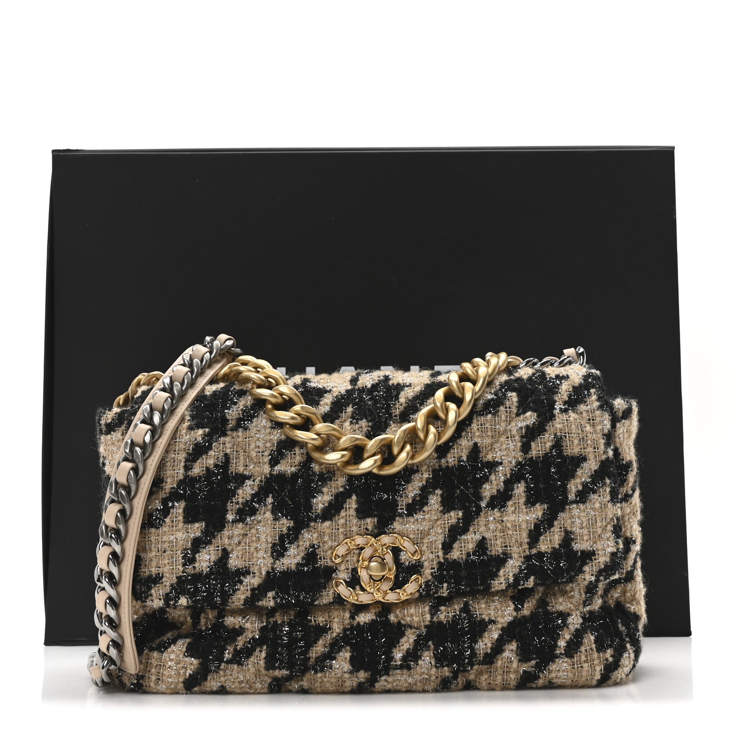 Tweed Large Chanel 19 Flap Beige Black