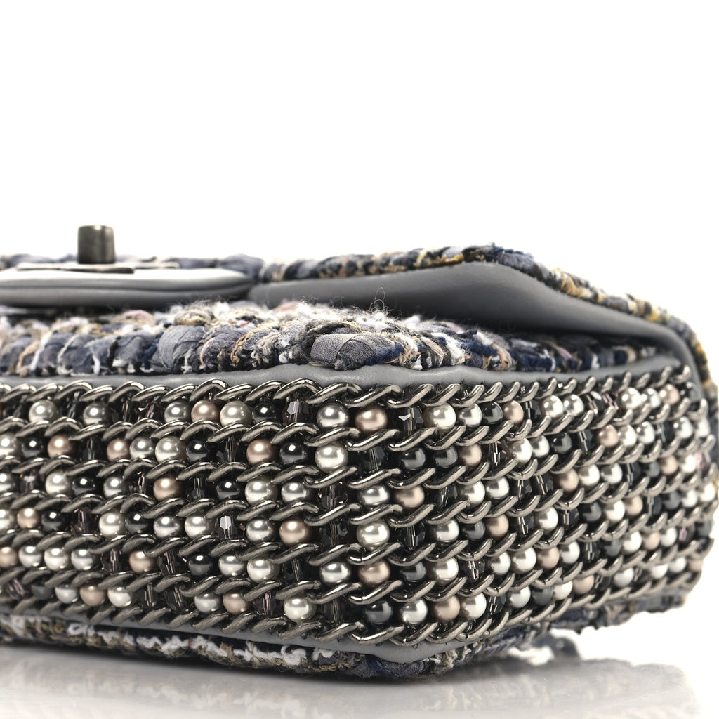 Tweed Quilted Mini Side Pearl Flap Bag Grey