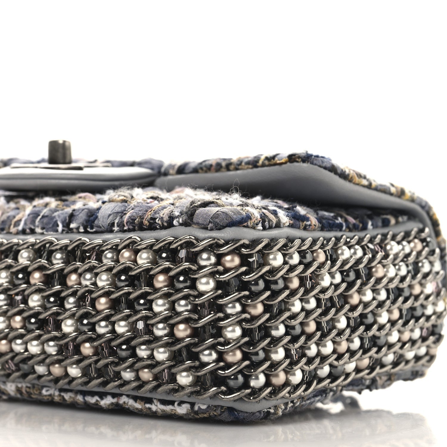Tweed Quilted Mini Side Pearl Flap Bag Grey