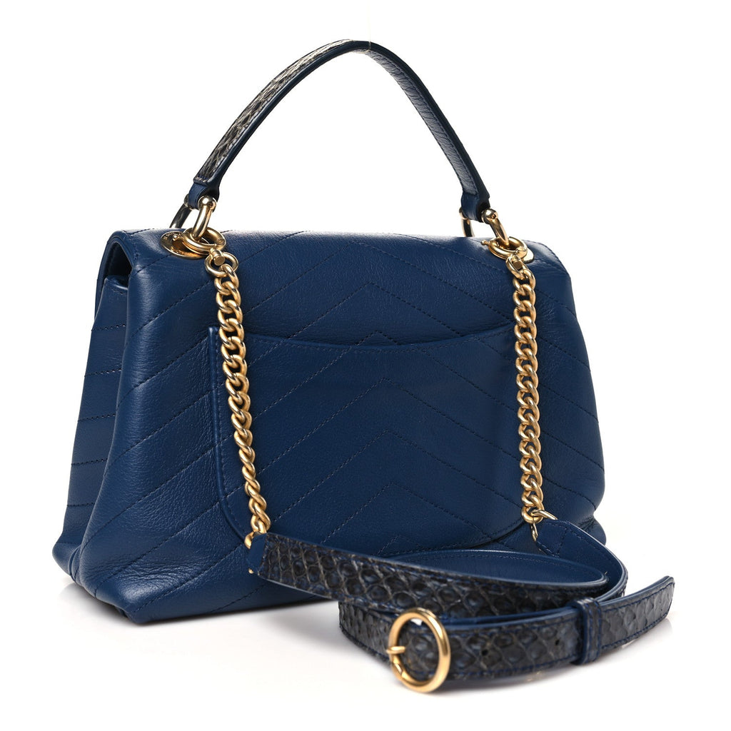 Grained Calfskin Snakeskin Small Chevron Chic Top Handle Flap Blue
