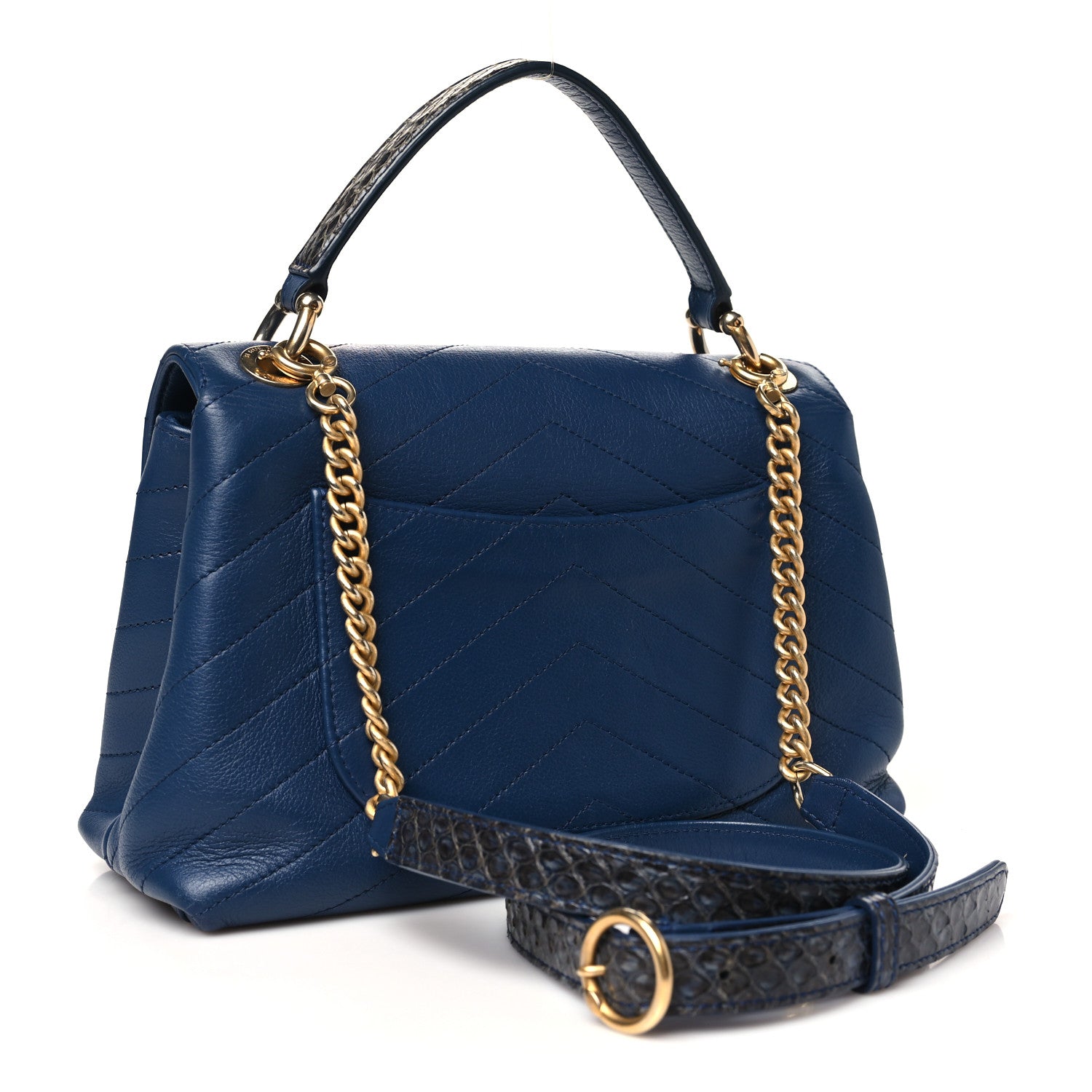 Grained Calfskin Snakeskin Small Chevron Chic Top Handle Flap Blue