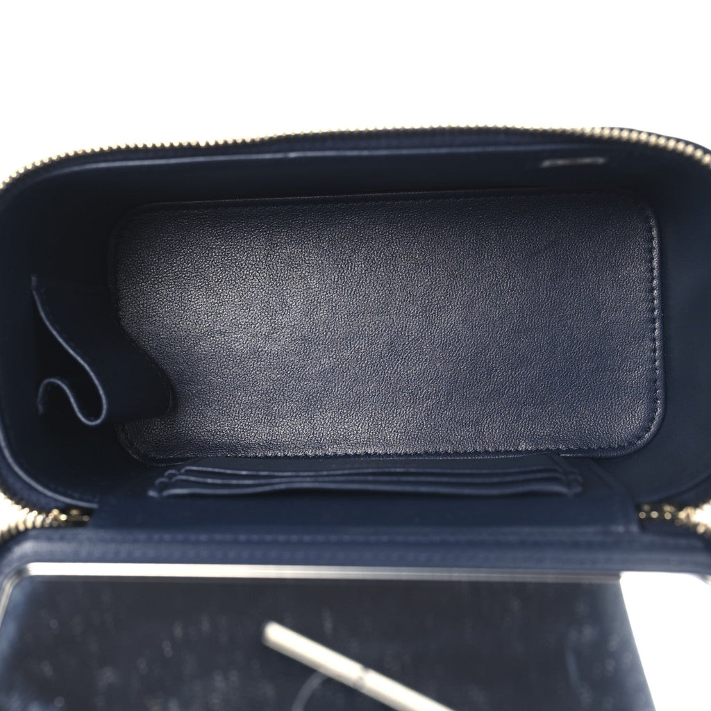 Lambskin Quilted Metal Small Top Handle Vanity Case With Chain Blue