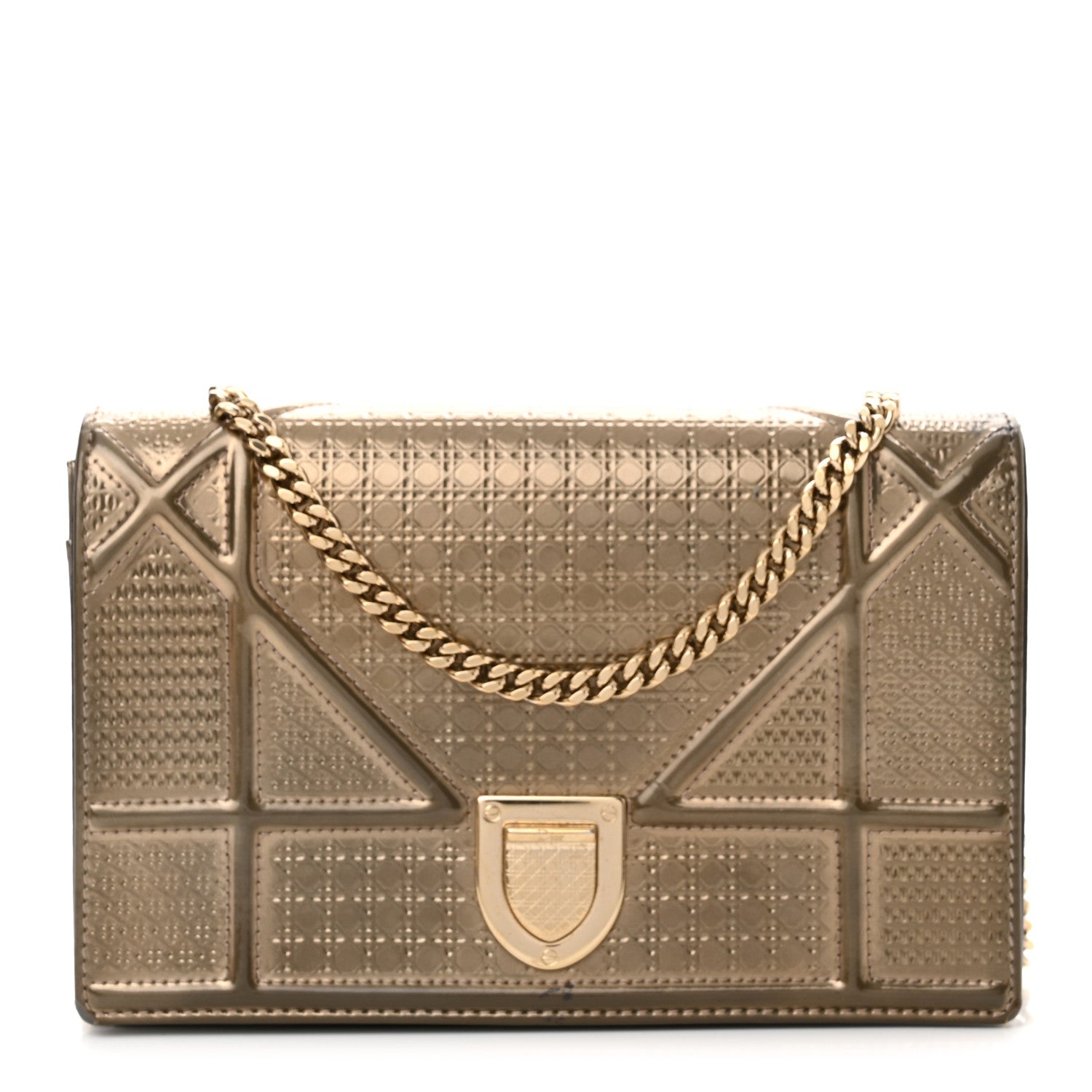 Metallic Patent Micro-Cannage Diorama Wallet on Chain Pouch Gold