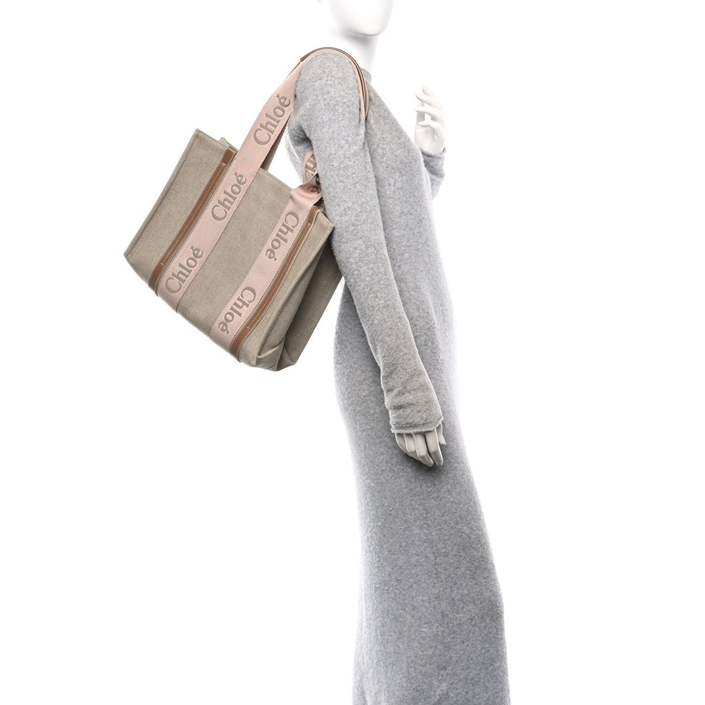 Linen Calfskin Medium Woody Ribbon Tote Blushy Beige
