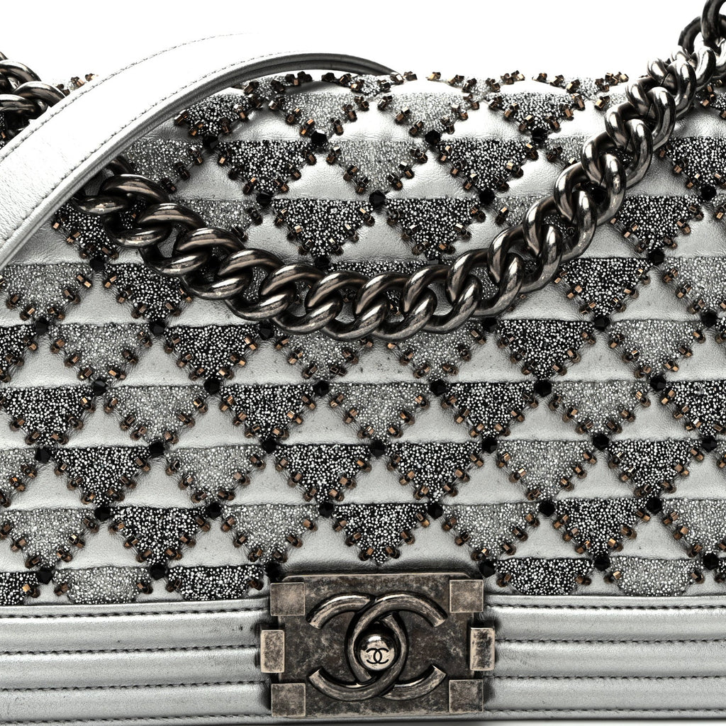 Metallic Lambskin Embellished Medium Boy Flap Silver