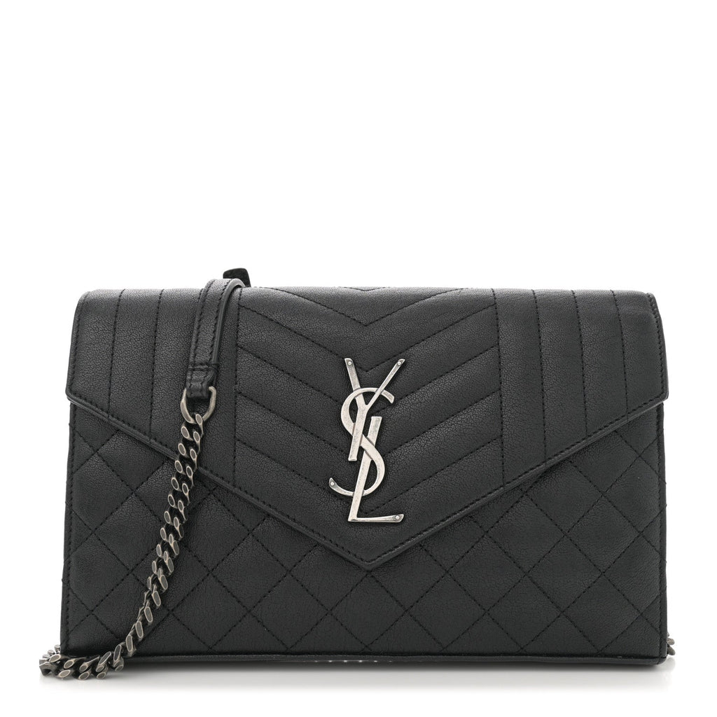 Sheepskin Tri-Quilt Monogram Envelope Chain Wallet Black