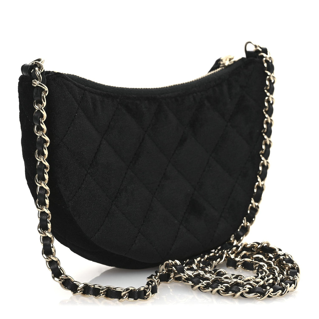 Velvet Crystal Quilted Chain Hobo Black
