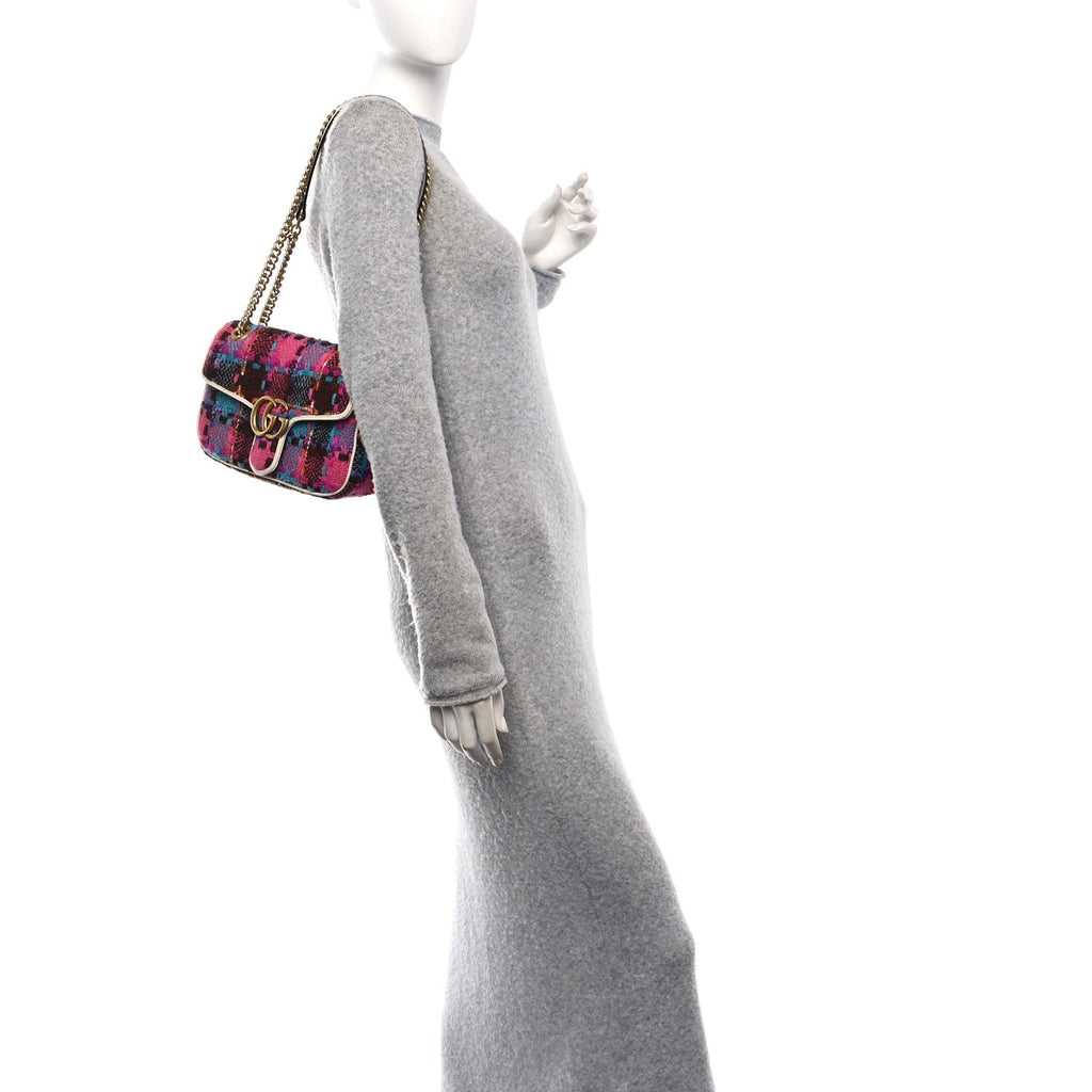 Tweed Calfskin Spicy Check Small GG Marmont Shoulder Bag Pink Multicolor Mystic White