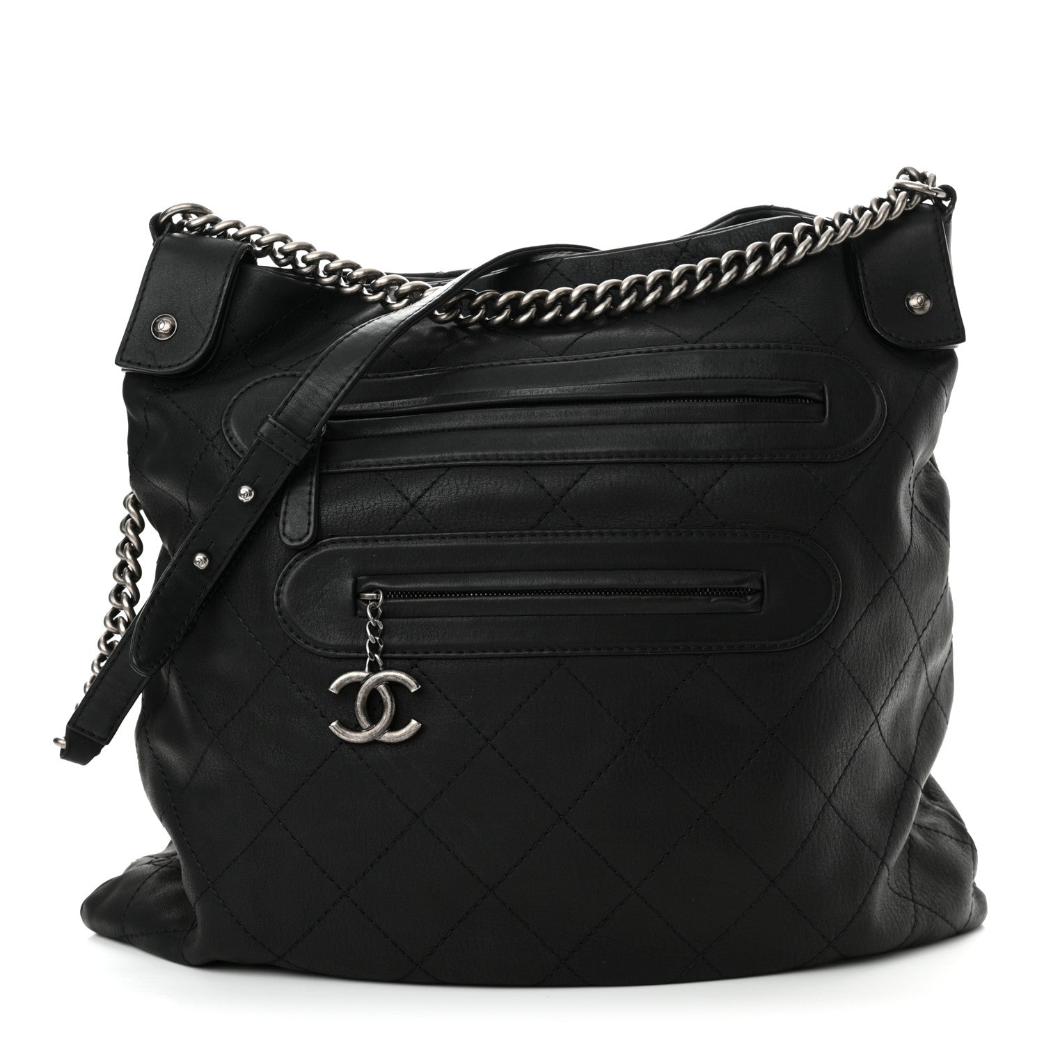 Calfskin Stitched Double Zip Hobo Black