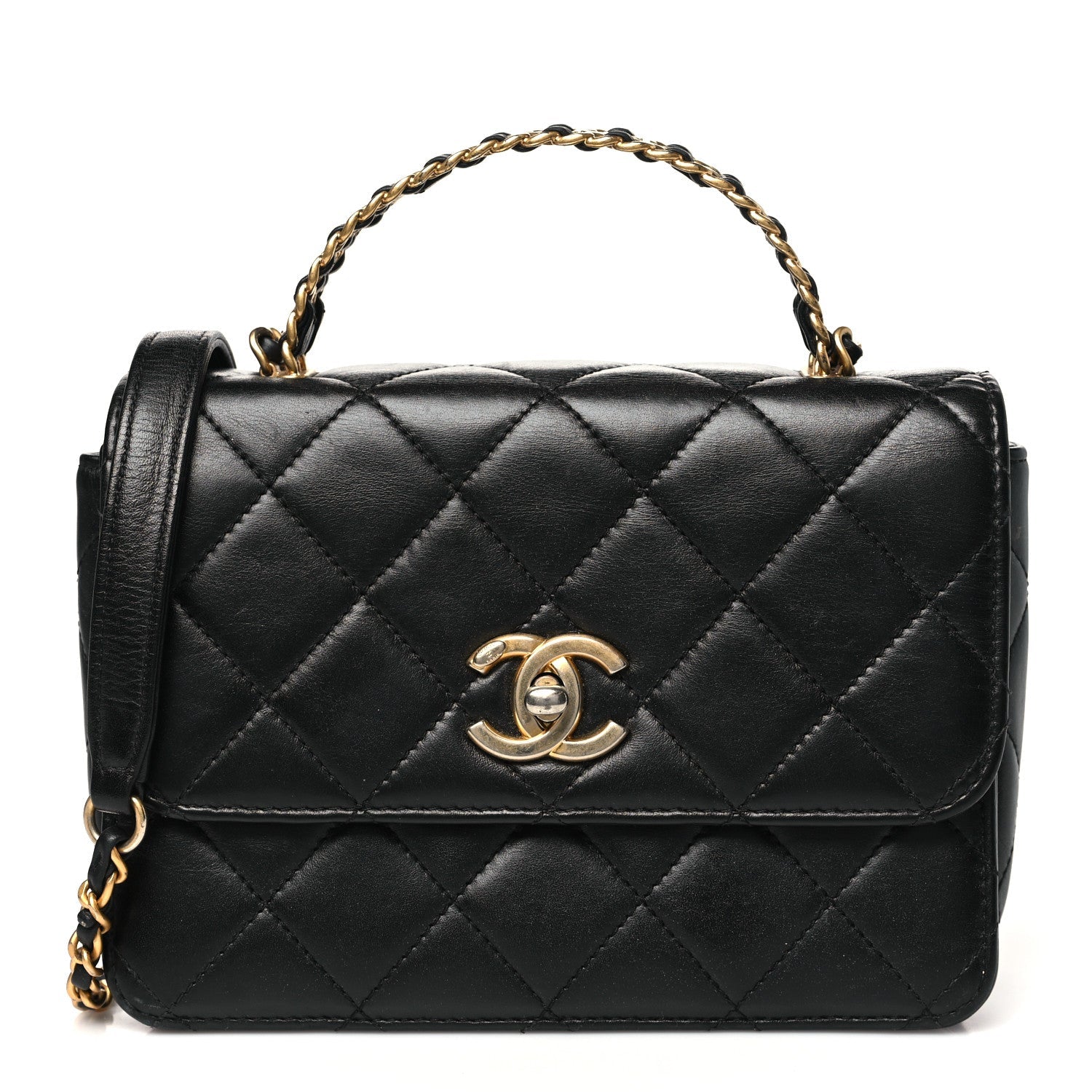 Lambskin Quilted Small Logo Top Handle Flap Black